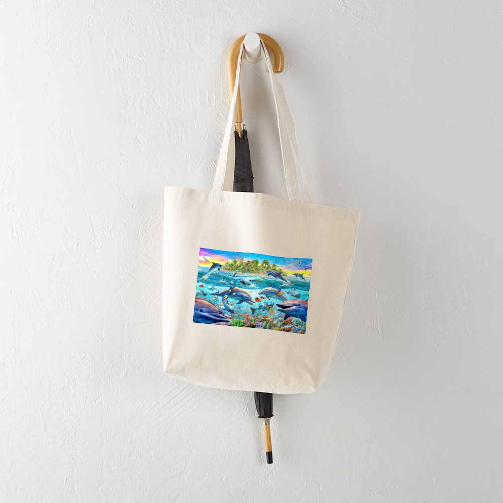Dolphin Reef Canvas Tote Bag - Eco-Friendly Reusable Shopping Bag for Beach, Grocery & Everyday Use | Natural Cotton Carryall