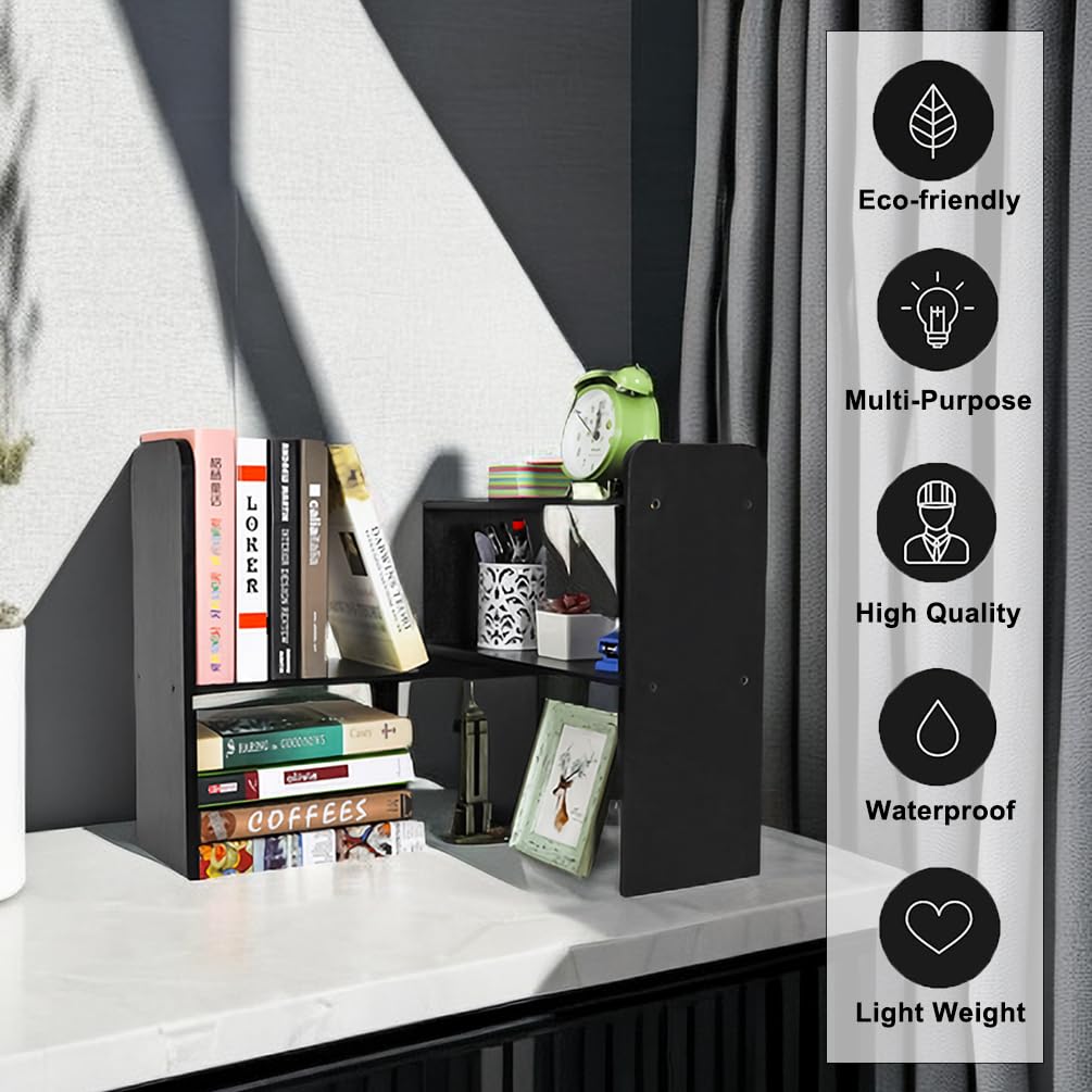 Adjustable PAG Desk Organizer - Black Desktop Shelf & Countertop Bookshelf for Office Organization - Perfect for Small Tables, Workspaces & Home Office Storage