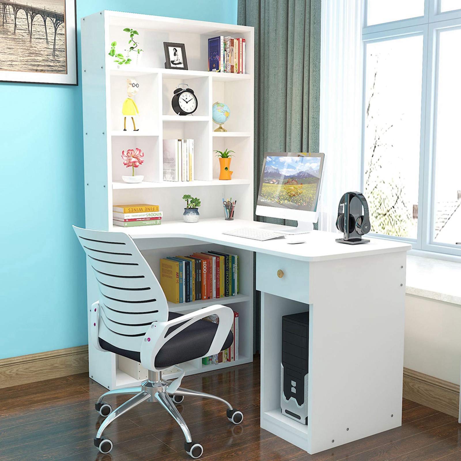 Micozy Modern Home Office Desk with Drawer, Storage Shelves & Cabinet - Computer Study Writing Desk for Small Spaces | Perfect for Home Office, Dorm Room & Workspace Organization