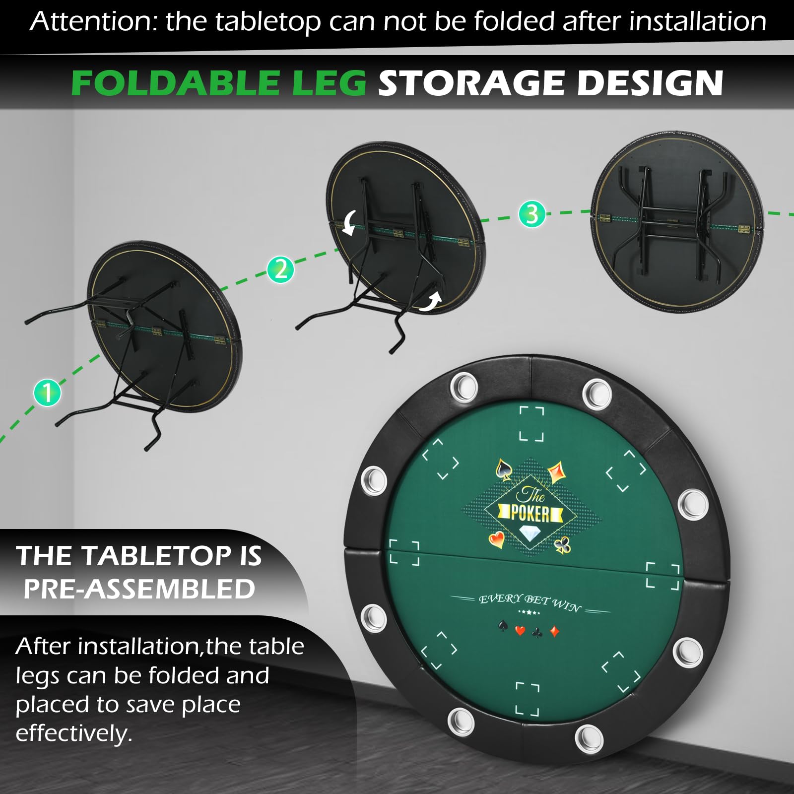 Premium 8-Player Round Poker Table Foldable - Casino Style Card Game Table with Stainless Steel Cup Holders & Padded Rails - Folding Texas Holdem Blackjack Table for Home Game Nights & Casino Parties (Black) - Perfect for Poker Nights, Casino Themed Events & Family Game Gatherings