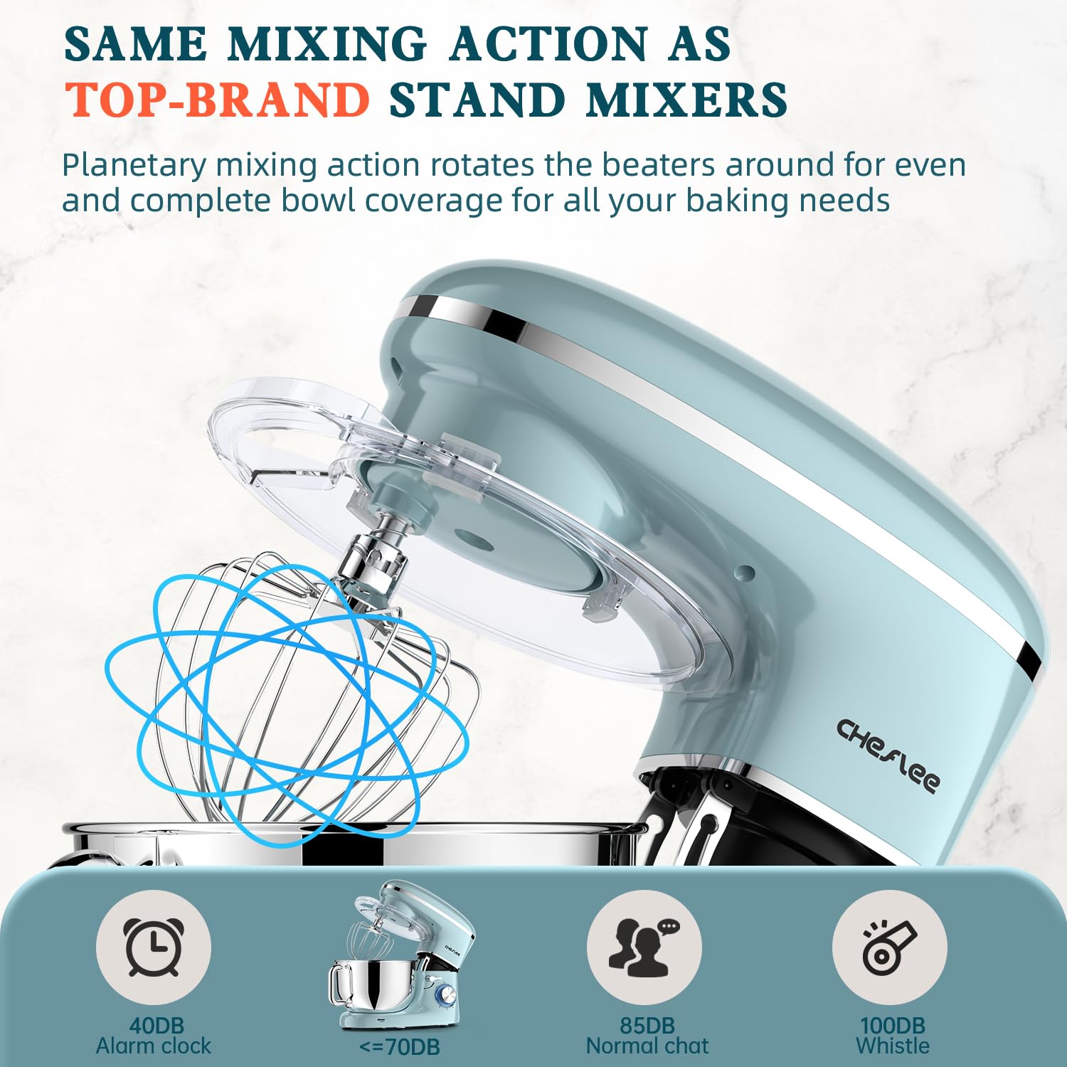 CHeflee 600W Stand Mixer with 6.5QT Stainless Steel Bowl - 6 Attachments (Dough Hook, Wire Whip, Beater) - Powerful Kitchen Mixer for Baking, Whipping & Kneading - Perfect for Home Bakers & Cooking Enthusiasts (Blue)