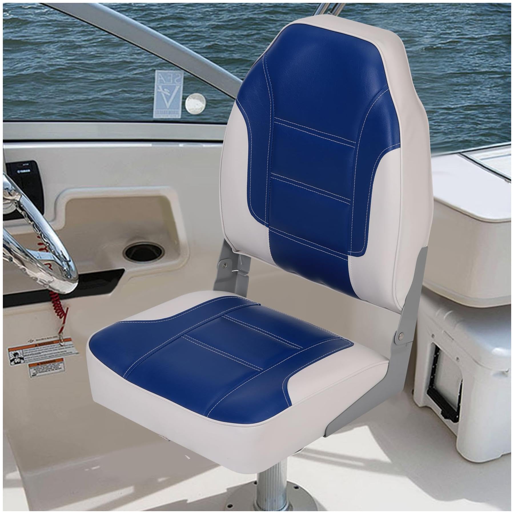 GARVEE 2 Pack High Back Folding Boat Seats with Thickened Sponge Padding - Weather Resistant PVC & Aluminum Hinges - Blue/White - Perfect for Fishing, Speedboat, Canoe & Marine Activities