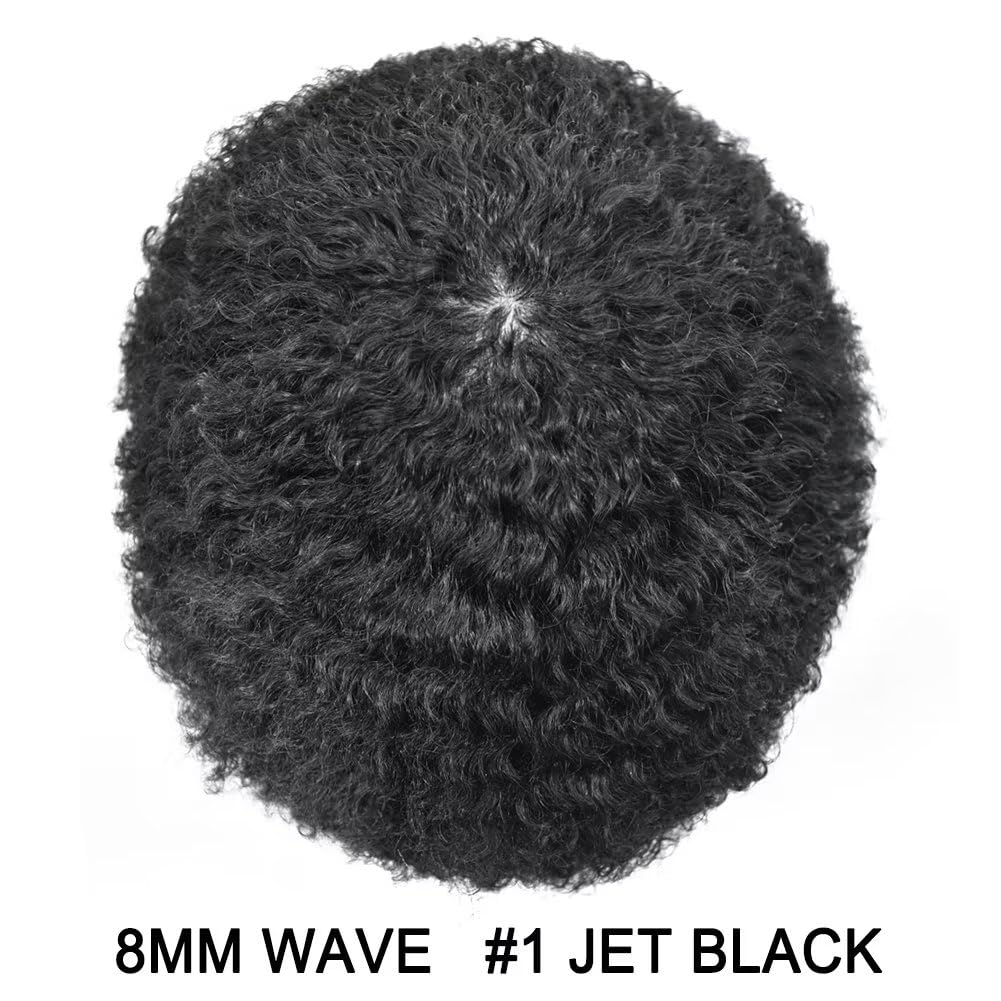 Premium Afro Hair Units for Black Men | PU Injection Human Hair Toupee | Durable Poly Hair System for African American Men | Afro Wave 8mm #1 Jet Black | Perfect for Daily Wear, Special Occasions & Hair Loss Solutions