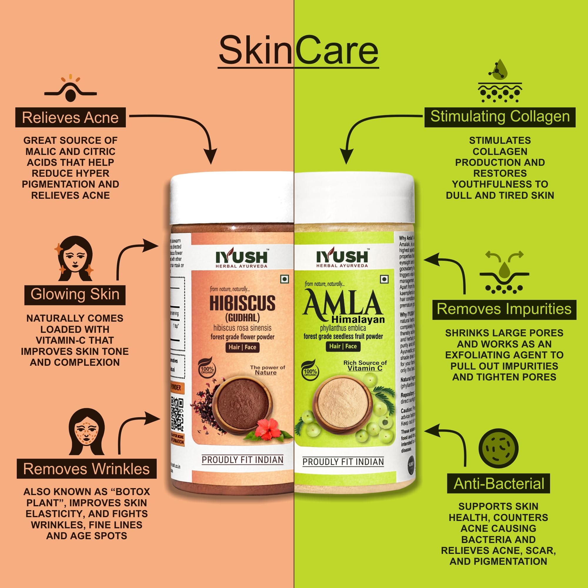IYUSH Ayurvedic Amla Powder & Hibiscus Powder for Hair Growth - 200g | Natural Hair Mask for Dry, Frizzy Hair | Volumizing Hair Treatment | Herbal Hair Care & Scalp Treatment | Promotes Stronger, Healthier Hair - Perfect for DIY Hair Masks & Weekly Hair Care Routine