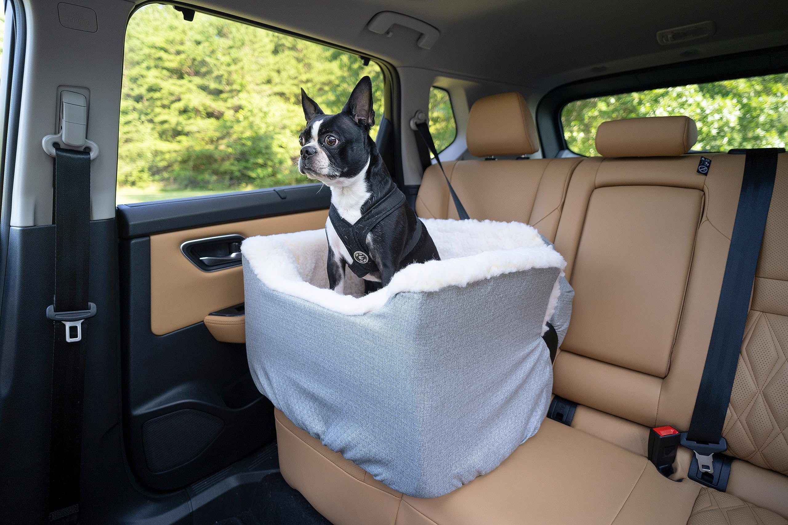 Snoozer Lookout I Dog Car Seat for Small & Medium Dogs up to 25 Lbs - Washable Sherpa Lined Pet Booster Bed with Elevated Design for Safe Travel - Medium Size in Stone Diamond | Perfect for Road Trips & Daily Car Rides with Your Puppy