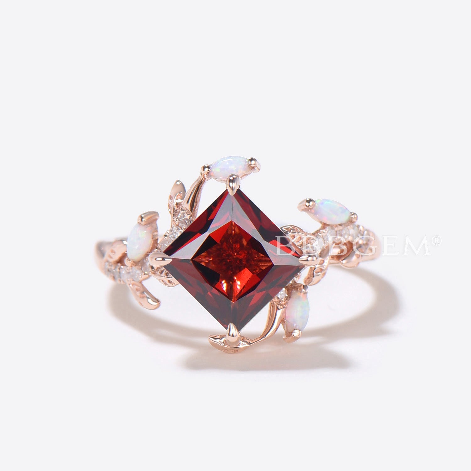 Natural Garnet Princess Cut Engagement Ring with Leaf Vine Design & Opal Accents - Perfect for Weddings, Proposals, and Anniversary Gifts