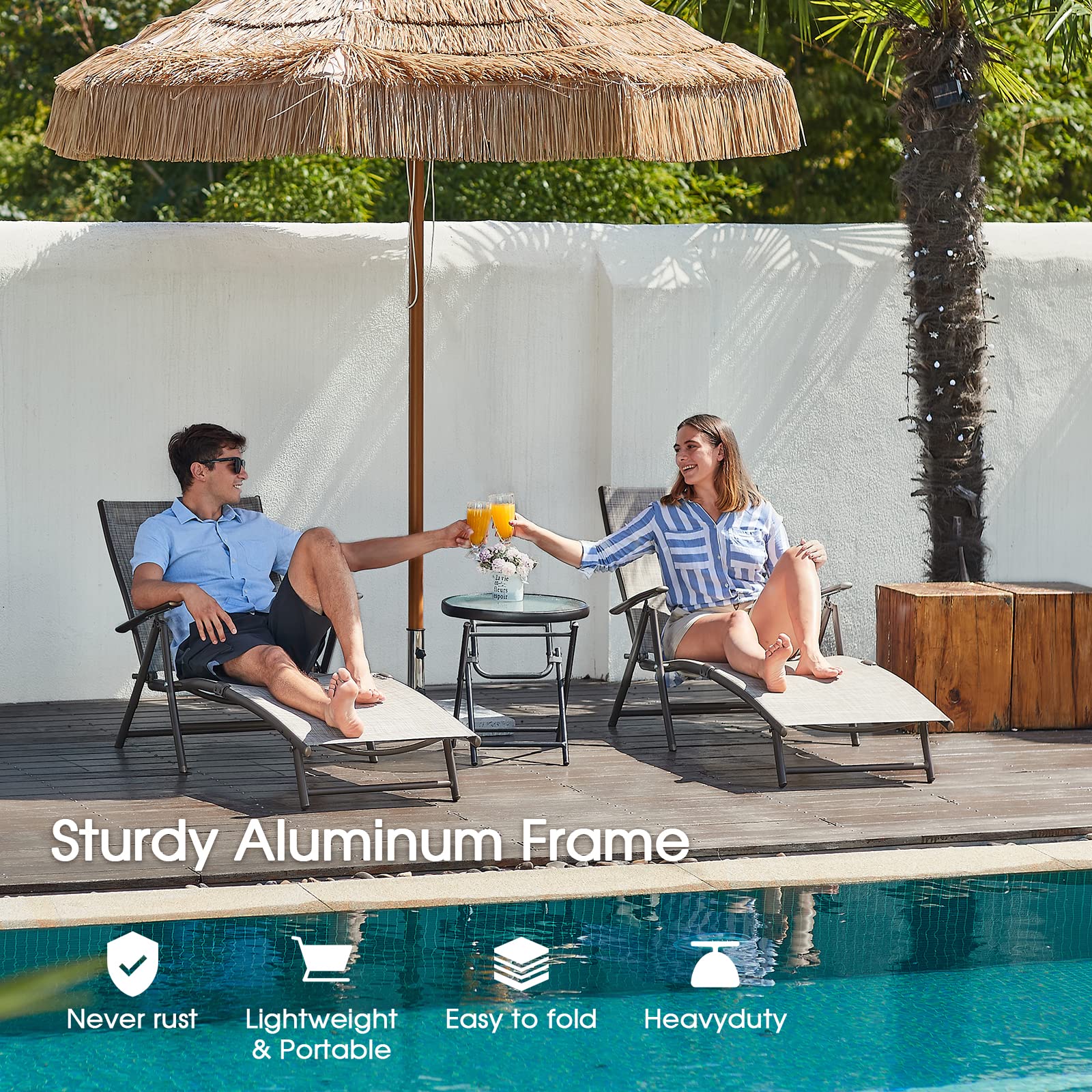 Premium Aluminum Adjustable Folding Recliner Chair - Outdoor Chaise Lounge for Poolside, Beach, Backyard & Lawn - Heavy Duty 300 lbs Capacity - Perfect for Sunbathing, Relaxing & Outdoor Lounging