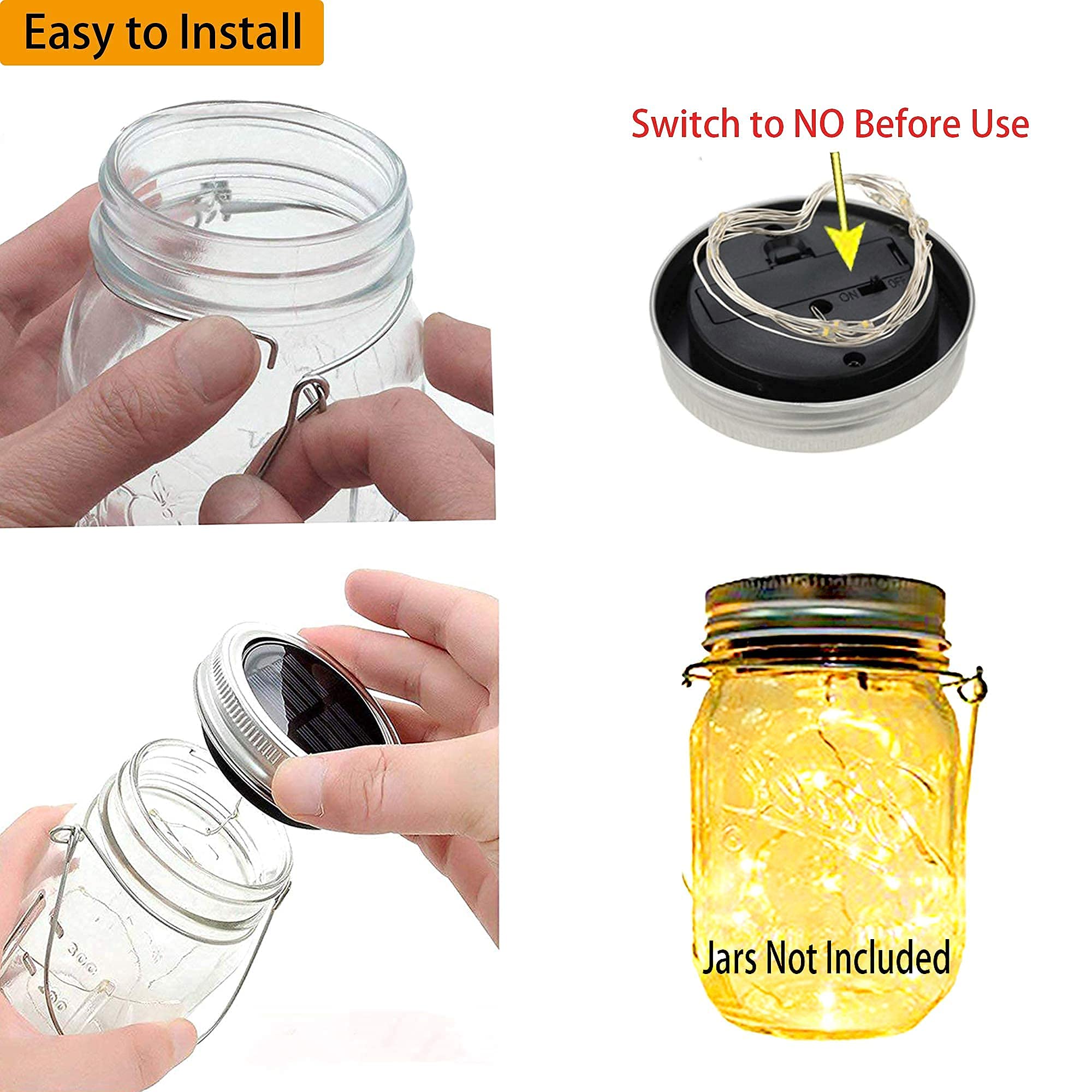 VOOKRY 6 Pack Solar Mason Jar Lids with 30 LED Lights & 8 Pack 20 LED Fairy String Lights - Waterproof Outdoor Decorative Lighting for Garden, Patio, Wedding, Party Decor