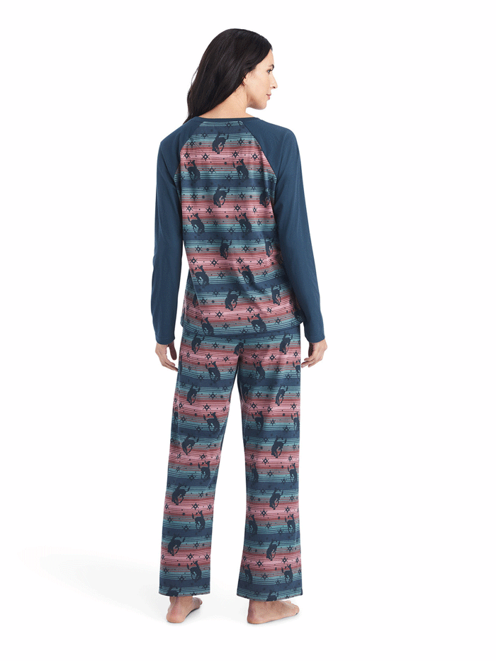 Ariat Women's Long Sleeve Pajama Set - Bucking Serape Blue Flannel Sleepwear for Cozy Nights & Relaxing at Home