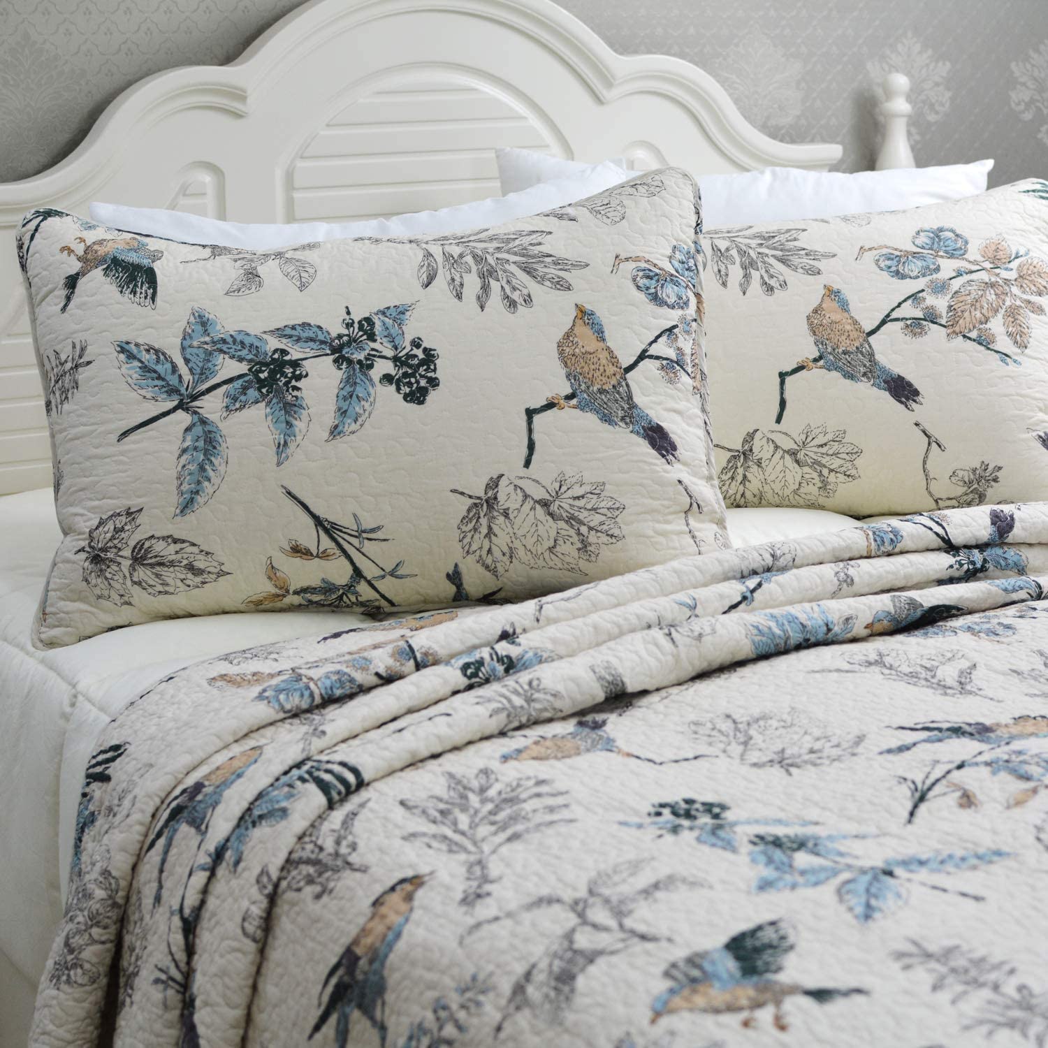 Brandream 5-Piece American Country Style Bird Print Comforter Set - Queen Size Bedding with Floral Bird Design for Cozy Bedroom Decor, Perfect for Farmhouse & Cottage Style Homes
