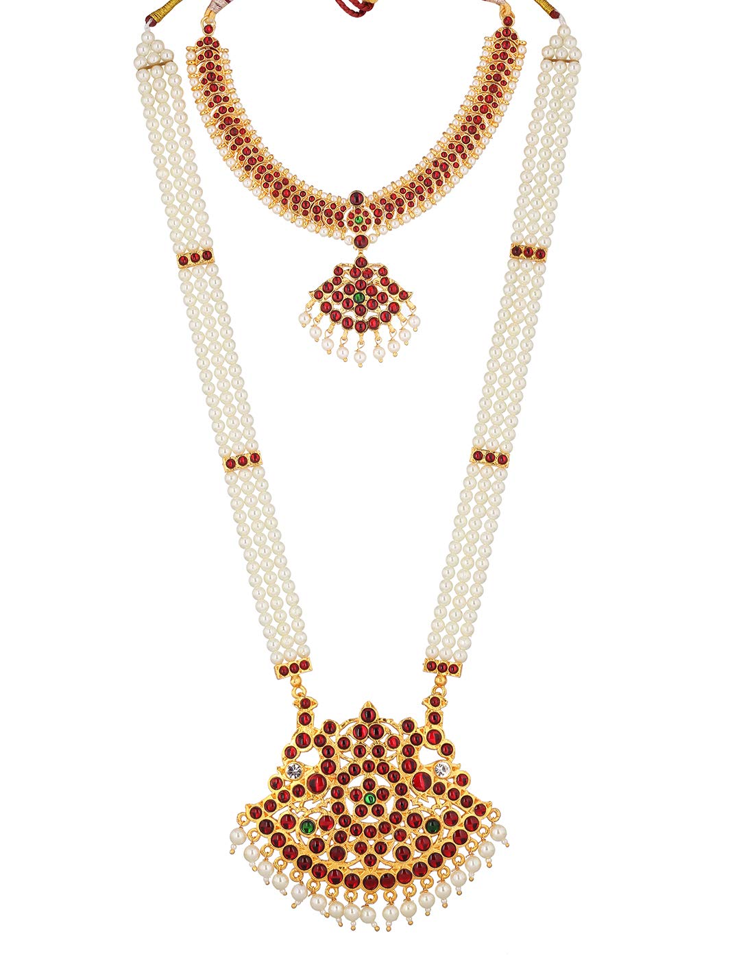 3 Line Long Pearl Haram Necklace Set with Pendant, Short Necklace & Earrings – Elegant Jewelry for Weddings, Parties & Special Occasions
