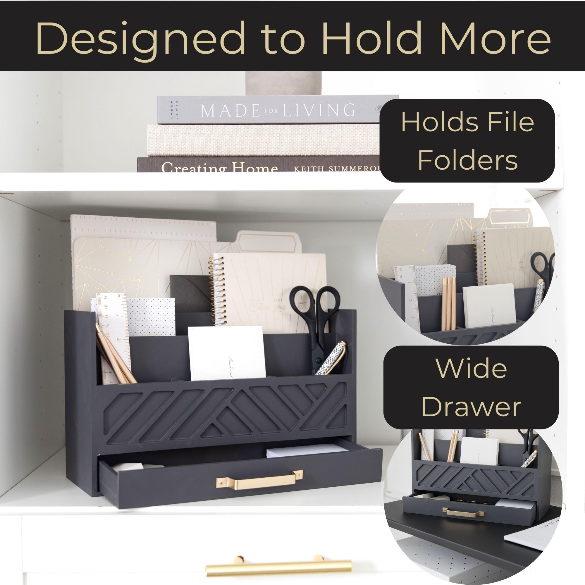 BLU MONACO Grey Wooden Desk Organizer with Drawer & Gold Handle - Stylish Office Desk Accessories for Home & Office Organization - Desktop Mail & Supply Storage - Perfect for Workspace, Study Desk & Gift Giving