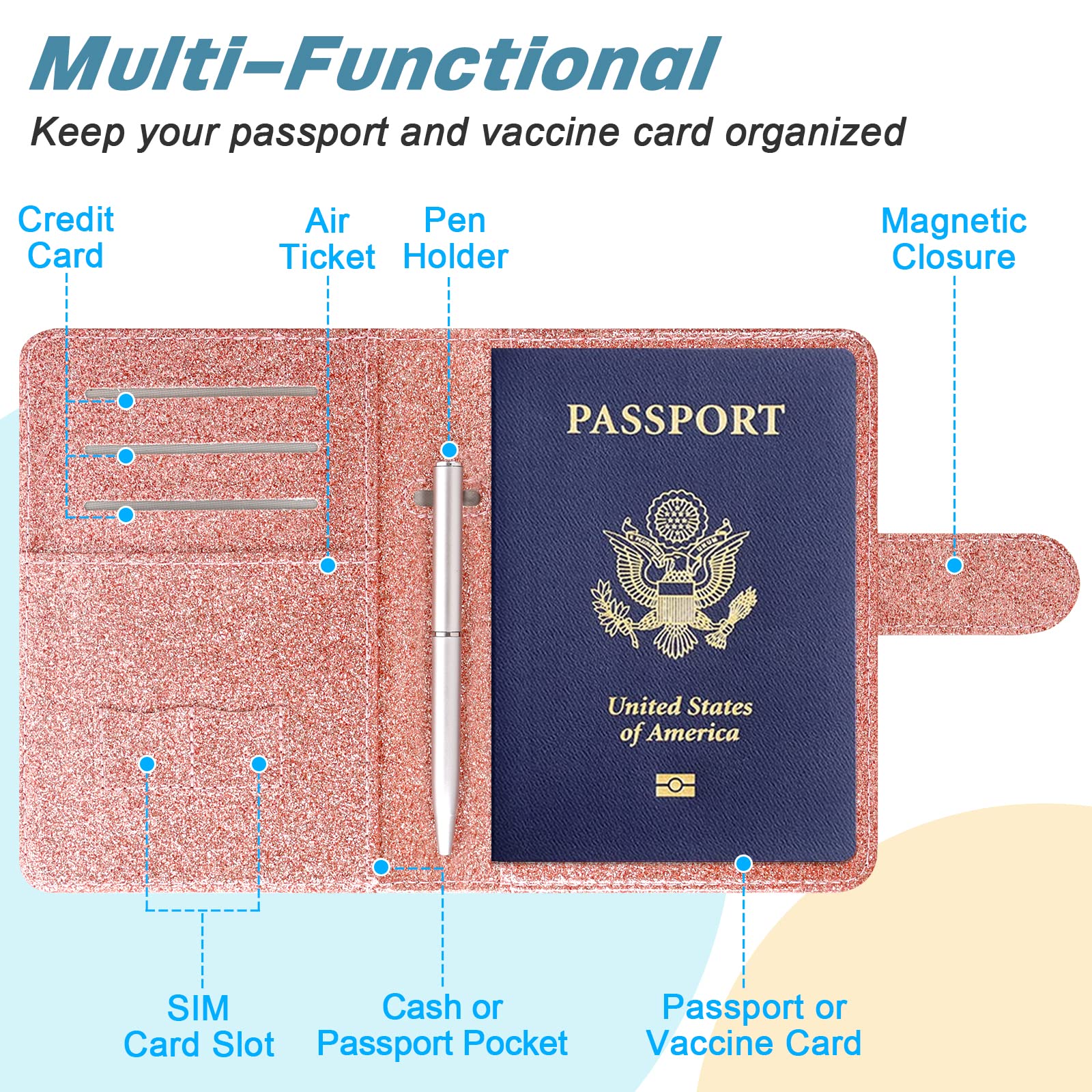 Premium PU Leather RFID Blocking Passport Holder & Travel Wallet - Secure Magnetic Closure, Includes Free Mini Pen - Glitter Rose (Women & Men) - Ideal for Air Travel, Business Trips & Vacation Document Organization