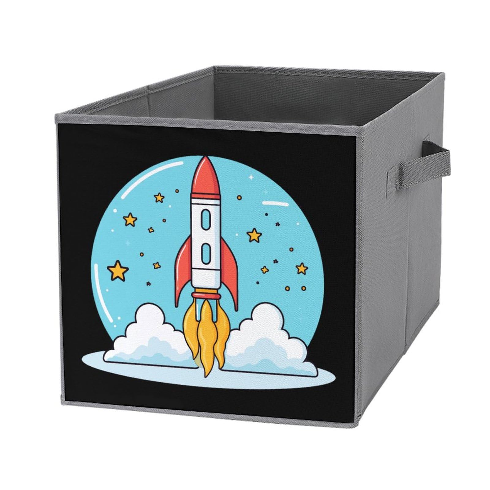 Cartoon Space Rocket Foldable Storage Bins - 1 Pack Square Organizer Baskets with Handles for Kids Room, Closet & Toy Organization | Space-Themed Decor for Bedroom & Playroom