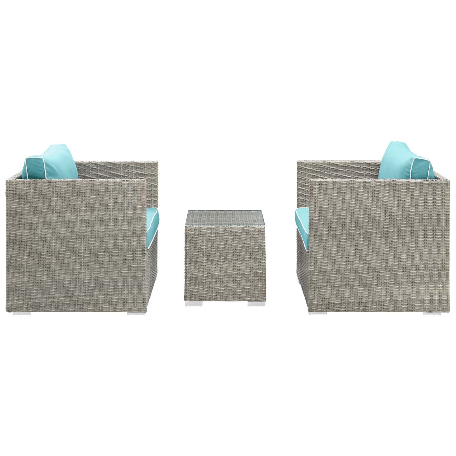 Modway Repose 3-Piece Wicker Rattan Outdoor Patio Furniture Set with Cushions - Light Gray & Turquoise - Perfect for Backyard, Poolside & Garden Relaxation