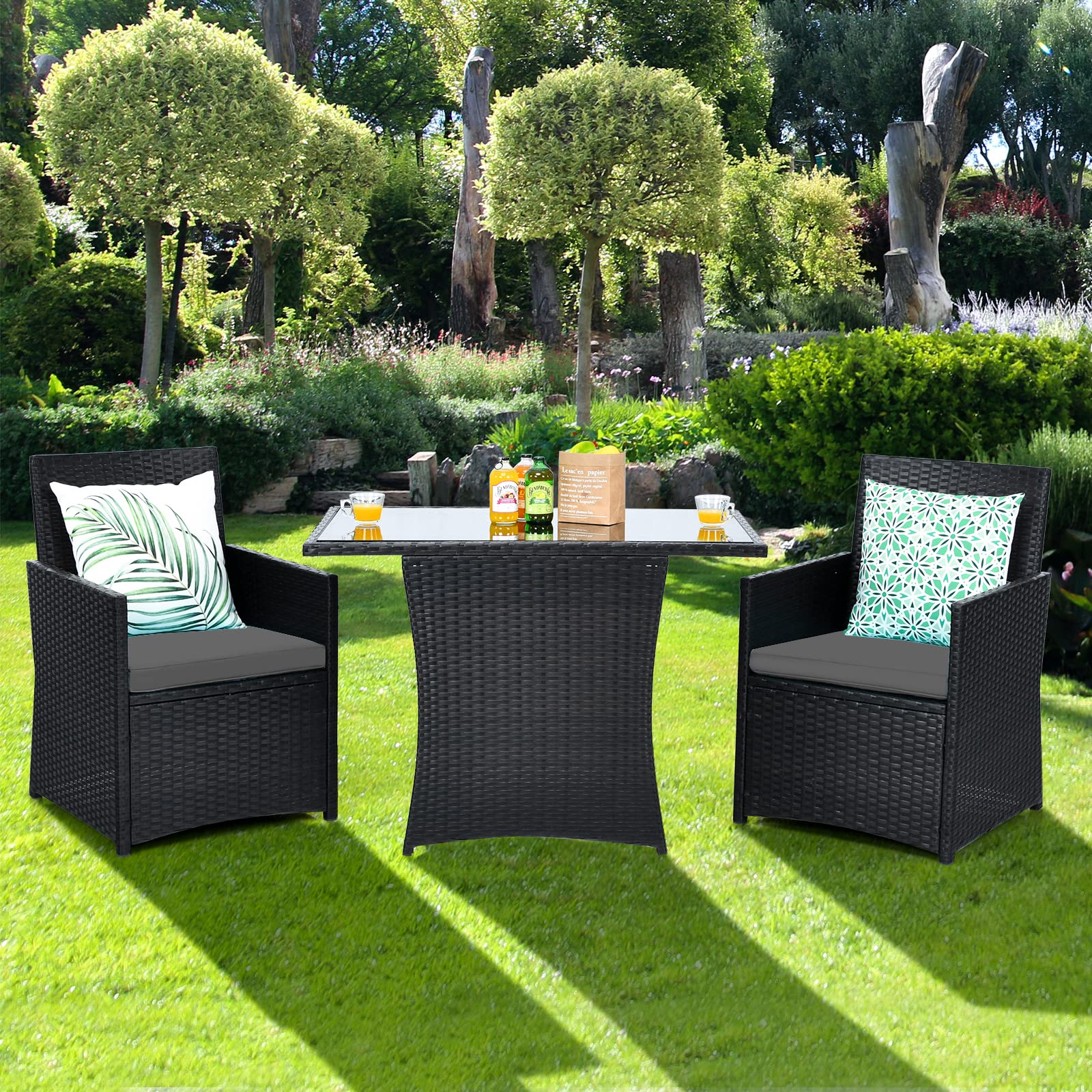 HappyGrill 3-Piece Outdoor Wicker Bistro Set - PE Rattan Dining Table with Cushioned Chairs, Patio Conversation Furniture for Backyard, Porch, Garden & Poolside - Perfect for Outdoor Dining & Relaxing