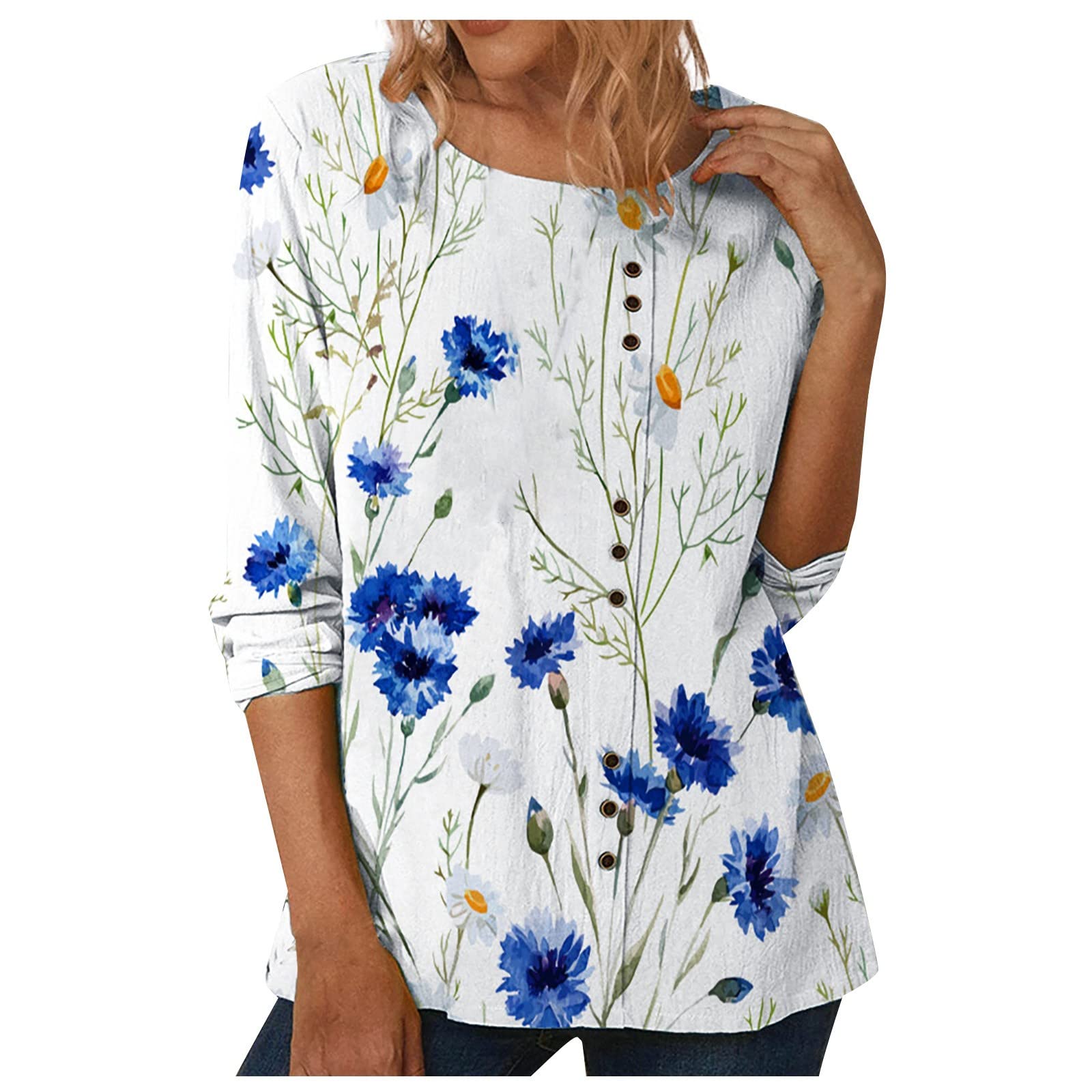 Women's Boho Floral Print Cotton Linen Blouse - Summer Button Down Tunic Top with Round Neck & Long Sleeves - Vintage Style Slim Fit Shirt for Casual Wear, Beach Outfits and Office Attire
