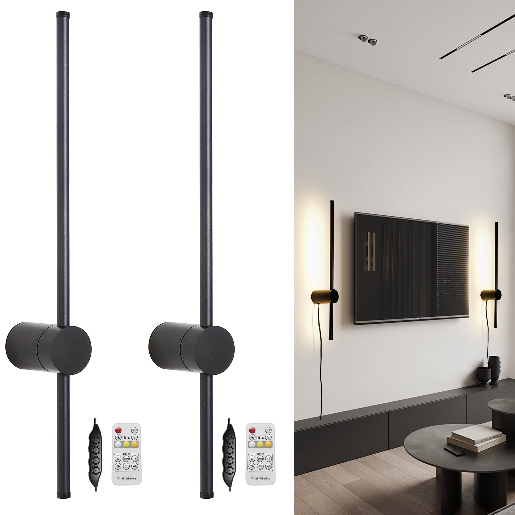 Dimmable LED Wall Sconce Set of 2 - Modern Plug-in Wall Lights with Memory Function, 23.6 Inch Black Wall Lamp with Plug Dimmer | Perfect for Bedroom, Living Room & Hallway Lighting