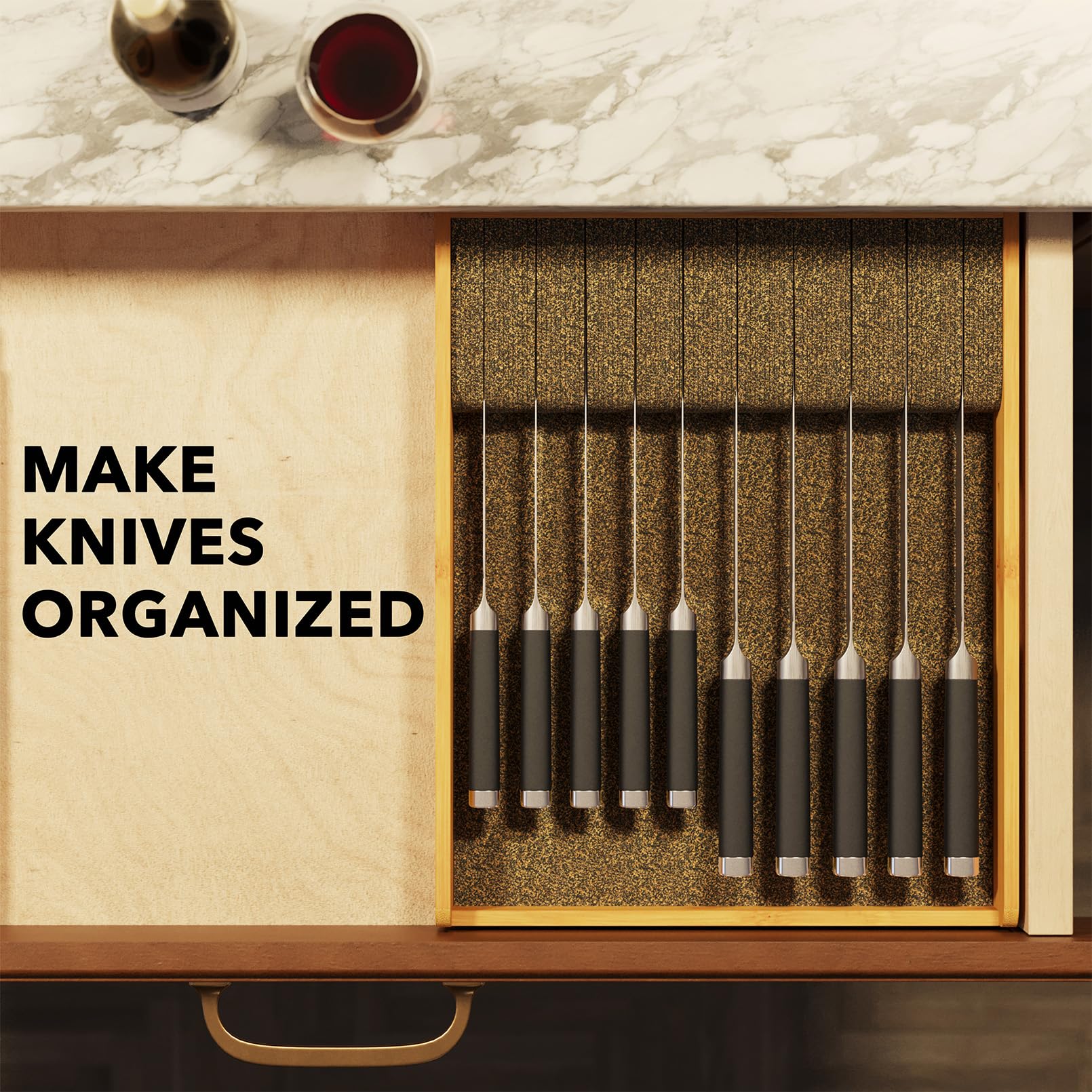 SpaceAid Large Bamboo Knife Drawer Organizer - Premium Steak Knife Holder & Kitchen Storage Insert for Drawers | Perfect for Kitchen Organization & Utensil Storage (Large Size)
