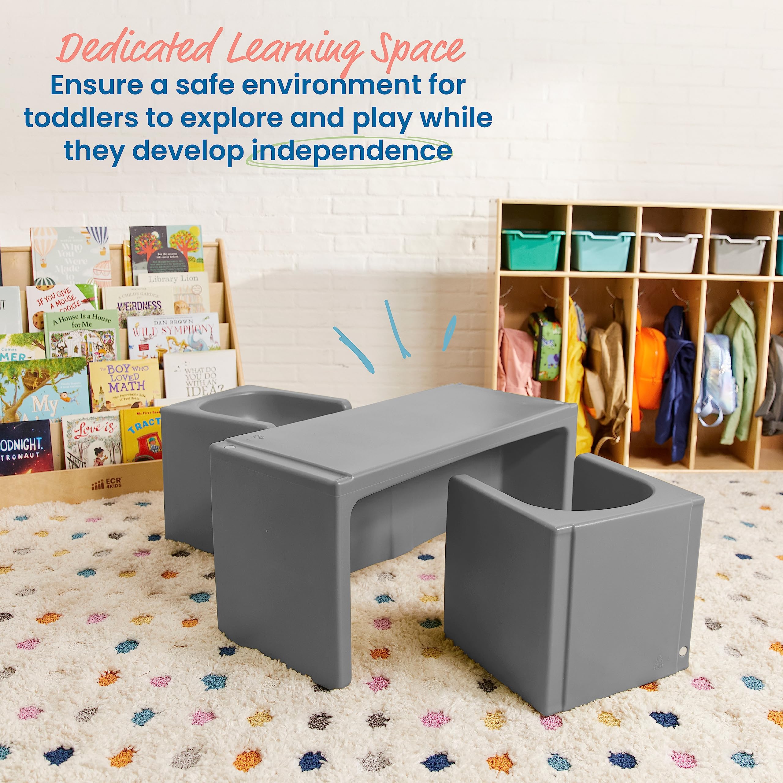 ECR4Kids Tri-Me Table and Cube Chair Set - 3-Piece Multipurpose Kids Furniture in Dark Grey for Classroom, Playroom & Home Learning Activities