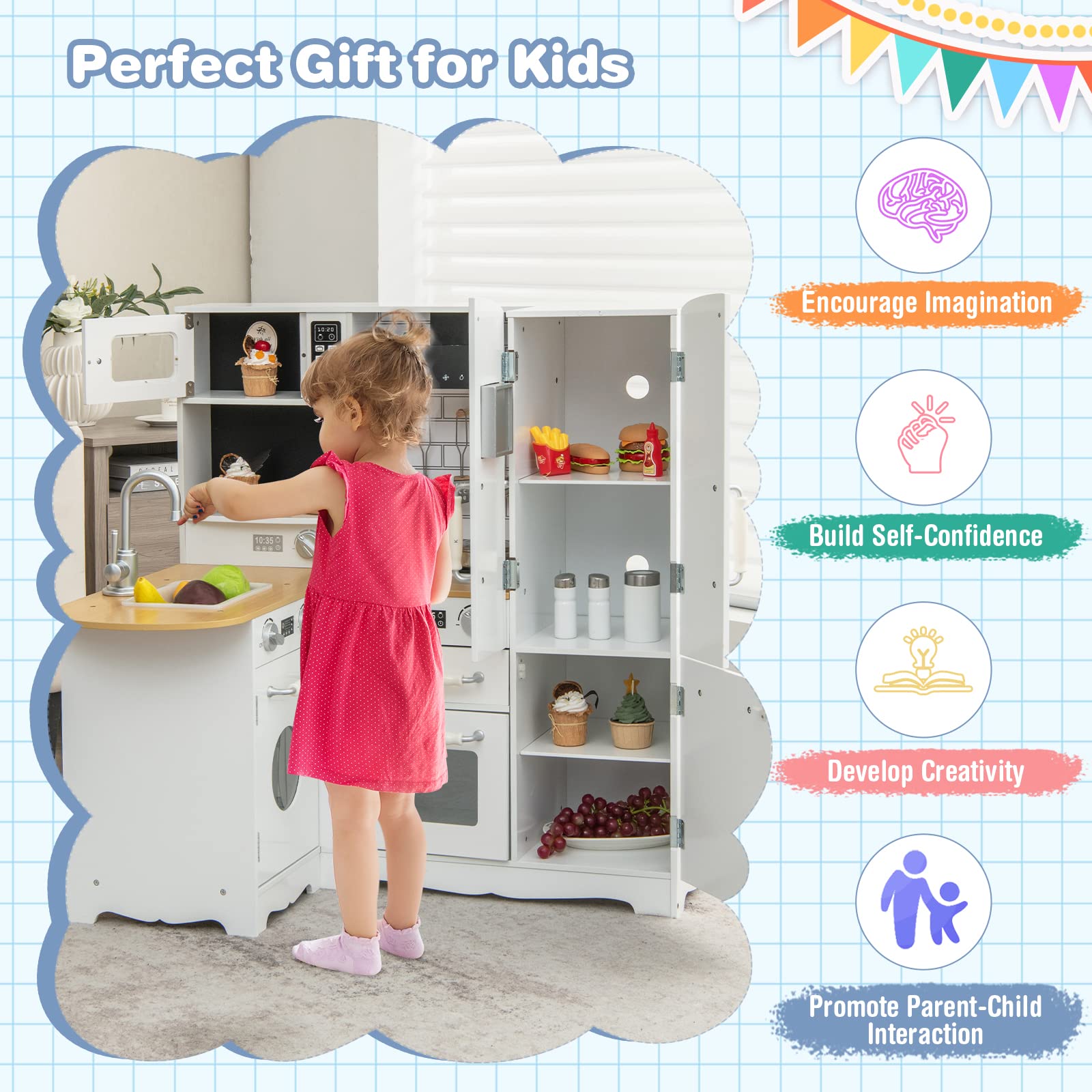 Costzon 11-in-1 Wooden Kids Kitchen Playset with Realistic Appliances - Pretend Play Toy Kitchen Set with Washing Machine, Microwave, Oven, Stove & Refrigerator for Toddlers Boys & Girls - Perfect for Role Play, Preschool Learning & Home Entertainment