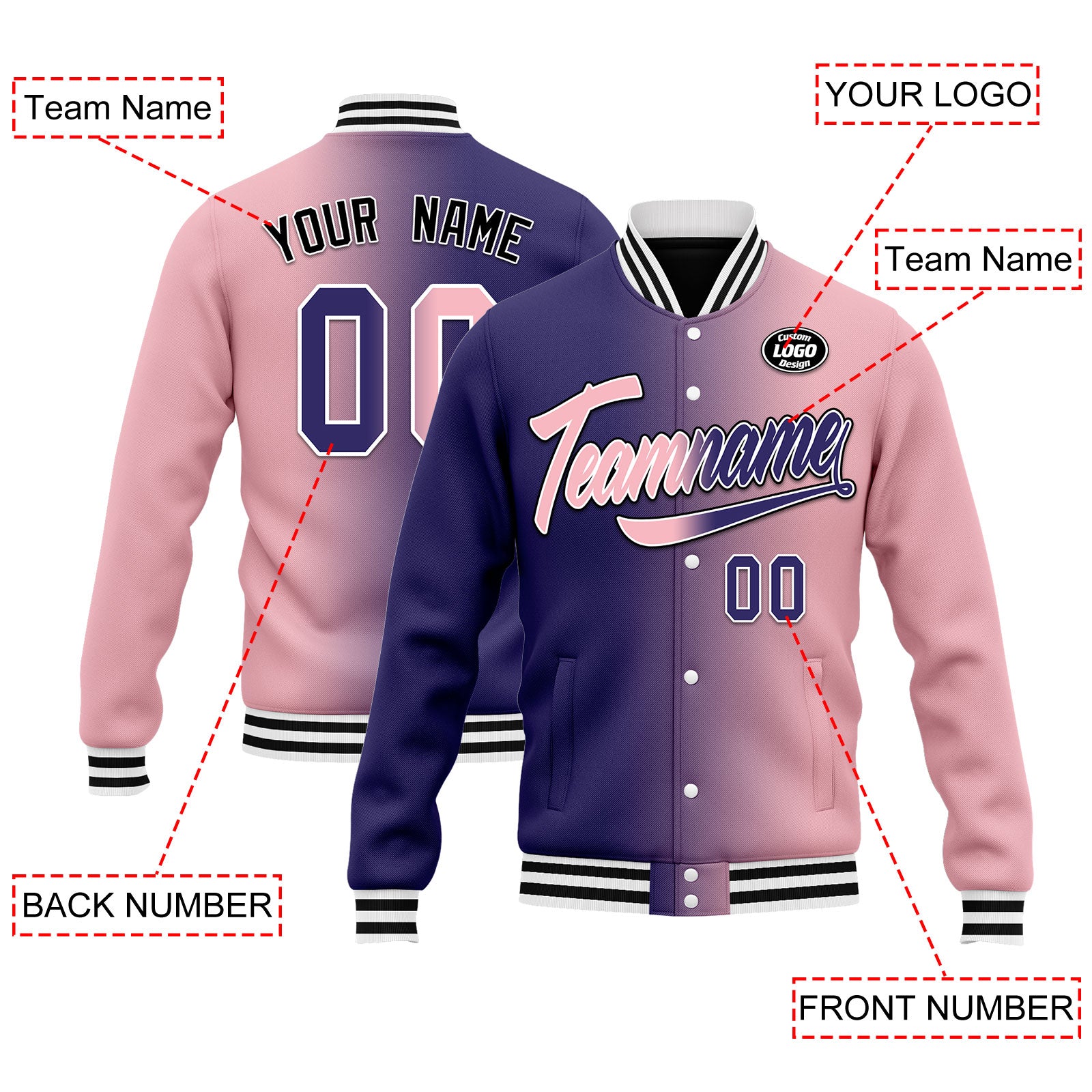 Custom Gradient Fashion Bomber Jacket - Full Snap Varsity Letterman Jacket - Personalized Embroidered Name & Number - FZ005 D028015 - Perfect for School Sports, Casual Wear & Street Fashion