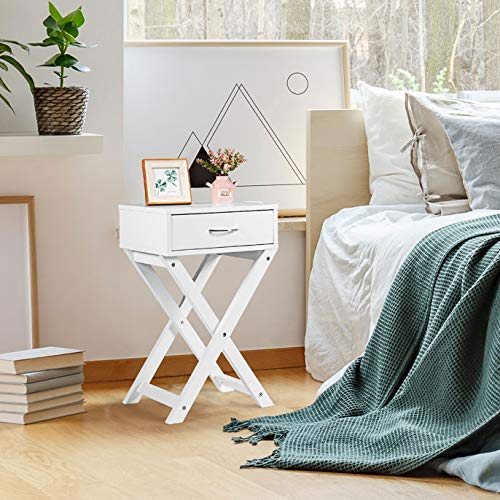 Modern X-Design Nightstand with Storage Drawer - Versatile Accent End Table for Bedroom & Living Room - White Night Stand with Shelf and Bin - Perfect for Small Spaces, Apartment Decor and Guest Room Furniture
