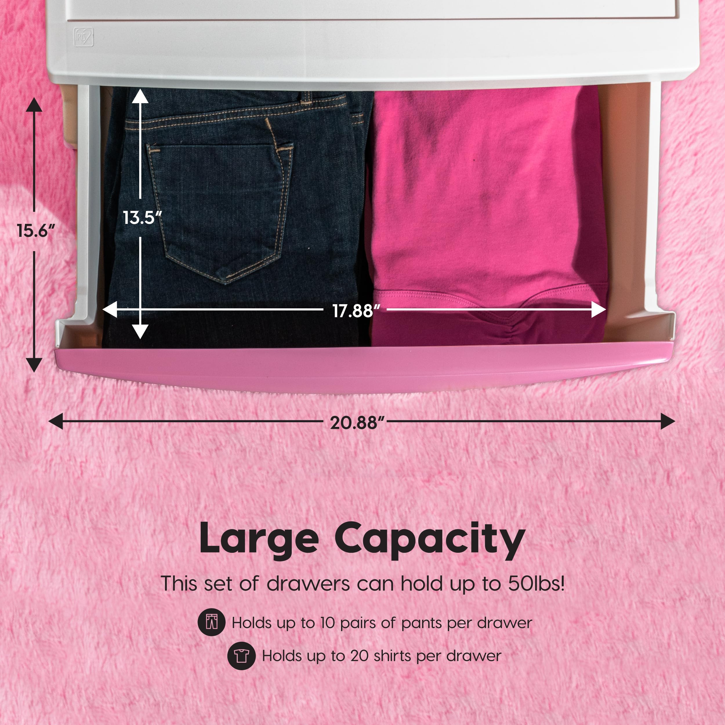 IRIS USA 4-Drawer Plastic Storage Organizer - White Frame with Matte Pink Front Panels for Classroom, Bathroom, Dorm, Bedroom & Laundry Room - Perfect for Art Supplies, Clothes & Home Organization