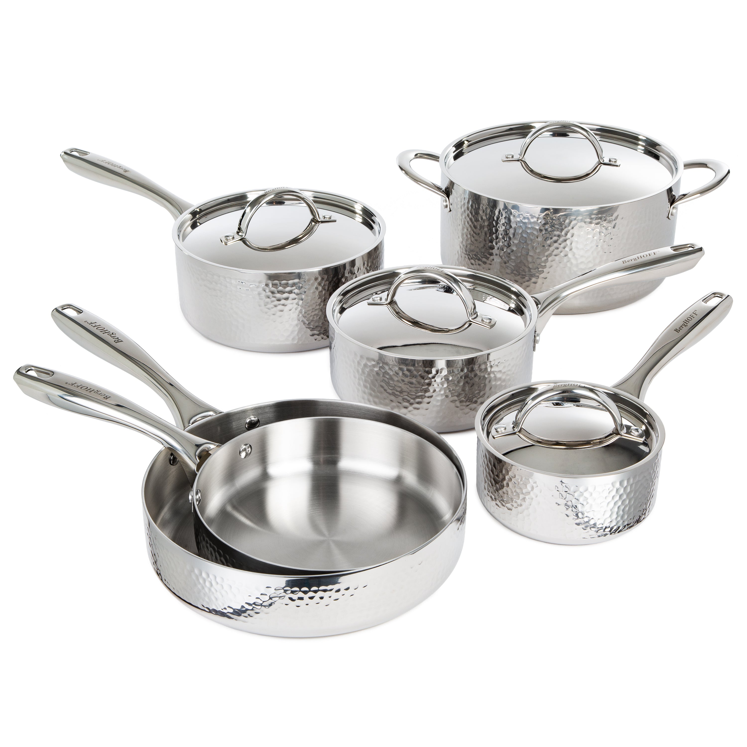BergHOFF Vintage 10-Piece Tri-Ply 18/10 Stainless Steel Cookware Set with Lids - Hammered Finish for Professional Cooking & Home Kitchen Use