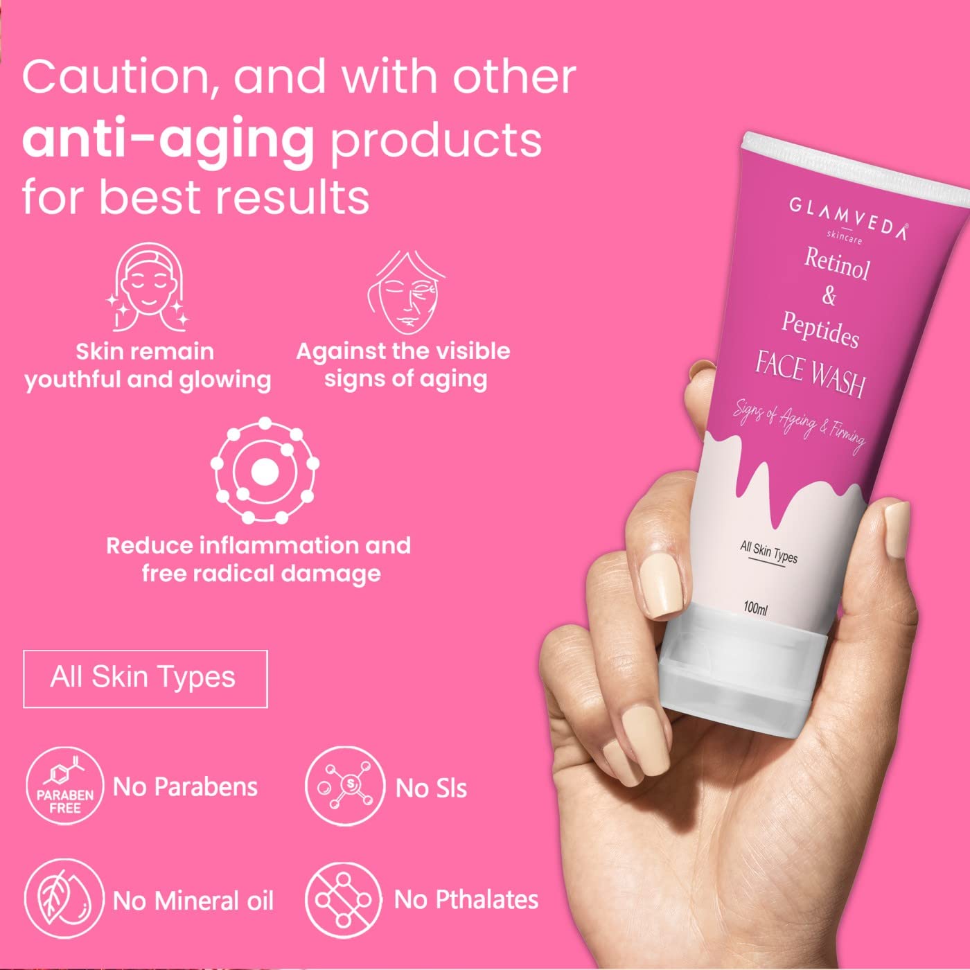 Glamveda Retinol & Saffron Anti-Aging Face Wash for Youthful Glowing Skin - Reduces Wrinkles & Fine Lines - Paraben-Free, SLS-Free, Silicone-Free - 100ml - Perfect for Daily Skincare Routine & Nighttime Anti-Aging Regimen