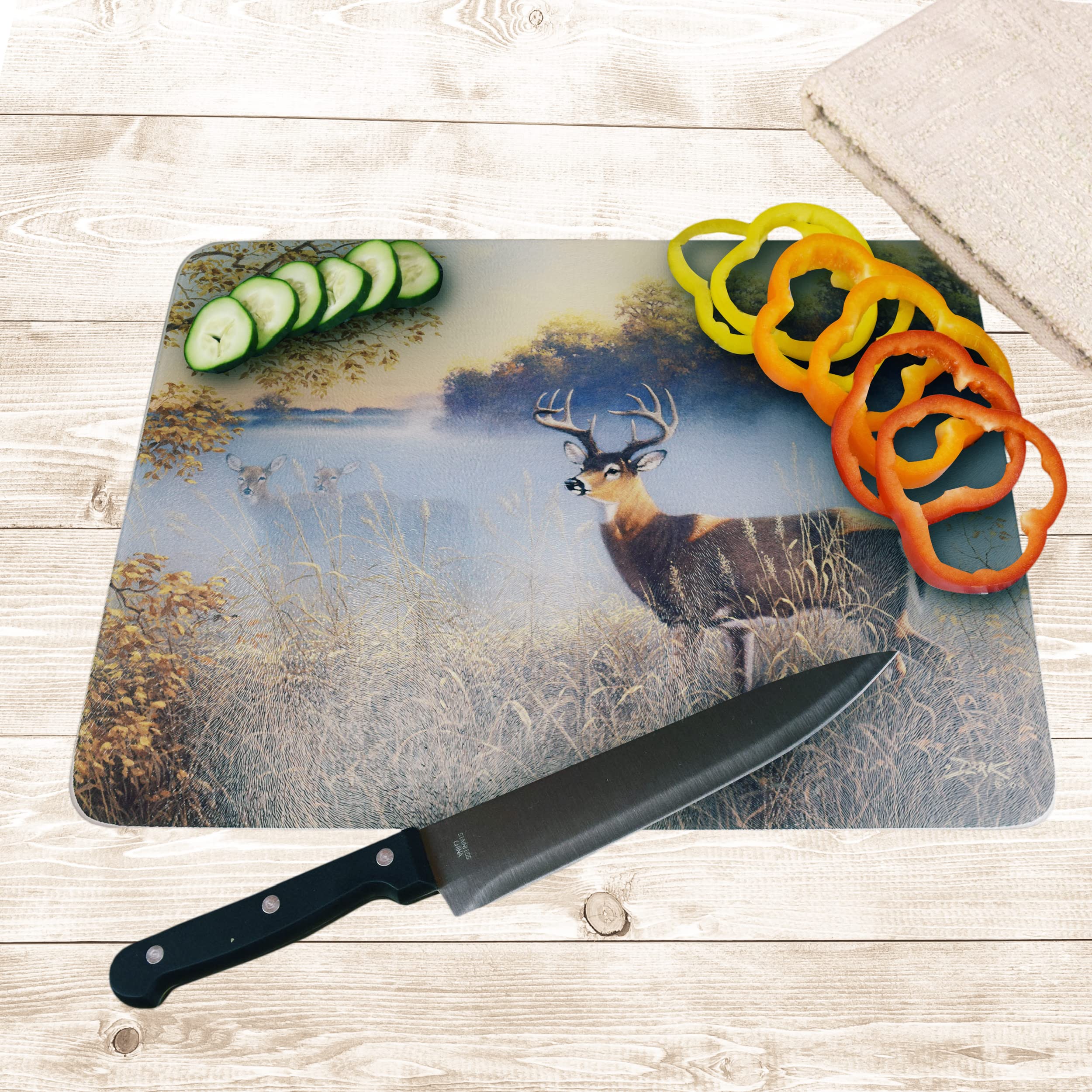 Rivers Edge Products 12x16 Inch Decorative Tempered Glass Cutting Board - Hypoallergenic Non-Slip Textured Surface Chopping Board for Kitchen - White Tail Deer Morning Fog Design - Perfect for Meal Prep, Charcuterie & Holiday Entertaining