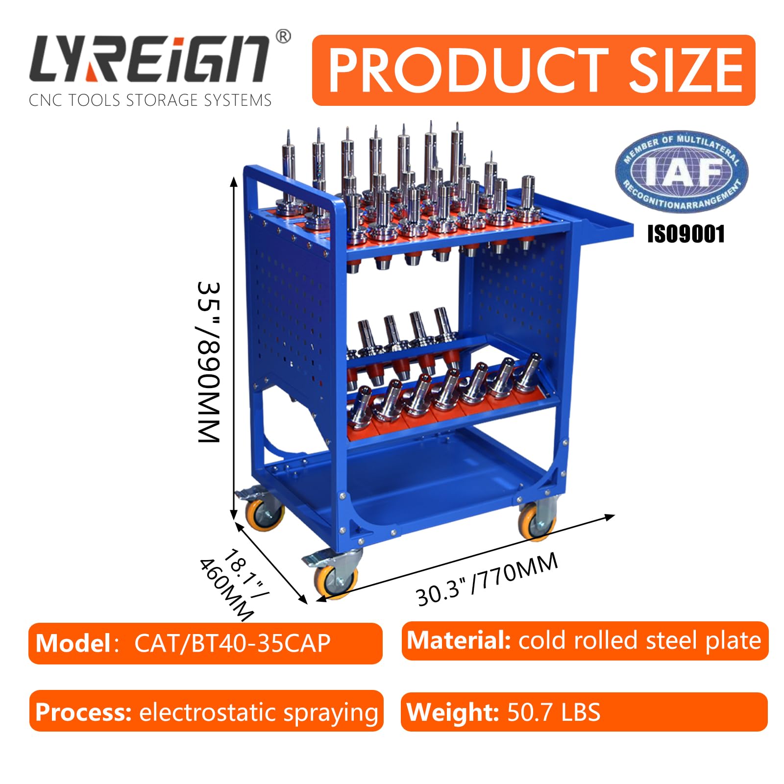 BT40 Blue Classic Mobile CNC Tool Storage Cart with Wheels - CAT40 CNC Tool Holder Organizer for Warehouses & Machining Centers | Heavy-Duty Utility Cart for CNC Machine Maintenance & Workshop Tool Transport