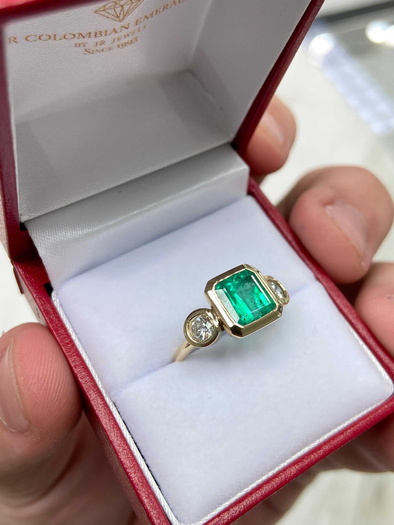 3.25tcw Three Stone Emerald & Diamond Ring in 14K Gold - Thick Bezel Setting for Engagement, Wedding, Anniversary & Special Occasions