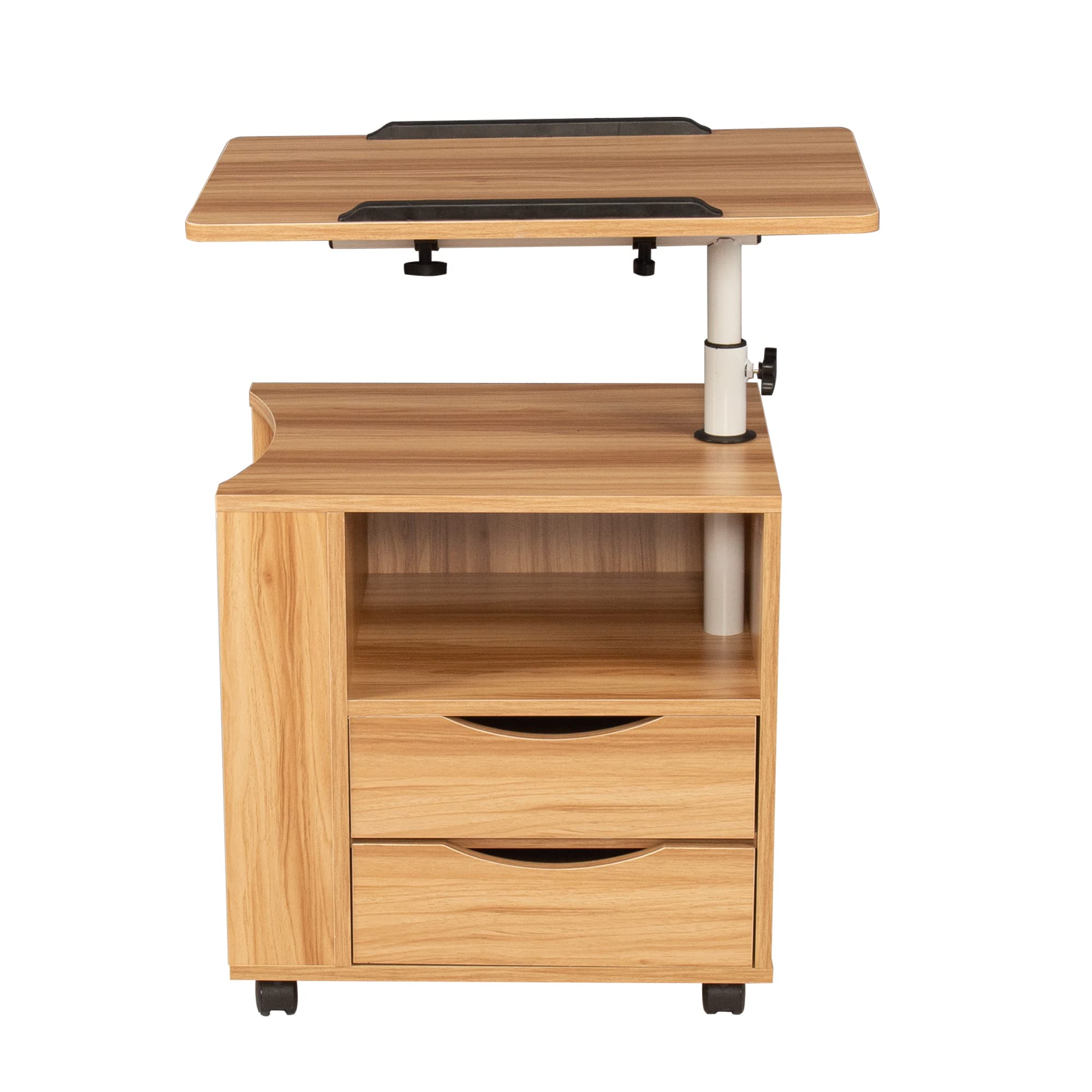 Swivel Top Nightstand End Table with 2 Drawers & 4 Wheels - Portable Rolling Bedside Table, Couch Laptop Desk for Bedroom & Living Room (Natural Wood Finish) - Perfect for Small Spaces, Home Office & Dorm Rooms