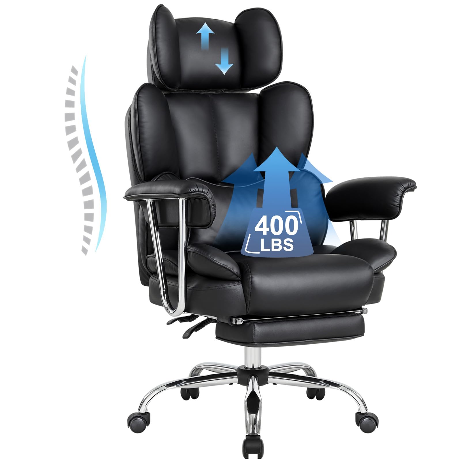Heavy Duty Big and Tall Office Chair 400LBS Weight Capacity - Ergonomic Executive Desk Chair with Adjustable Footrest, PU Leather Reclining High Back Computer Chair with Headrest & Armrests - Perfect for Home Office, Gaming, and Professional Workspaces (Black)