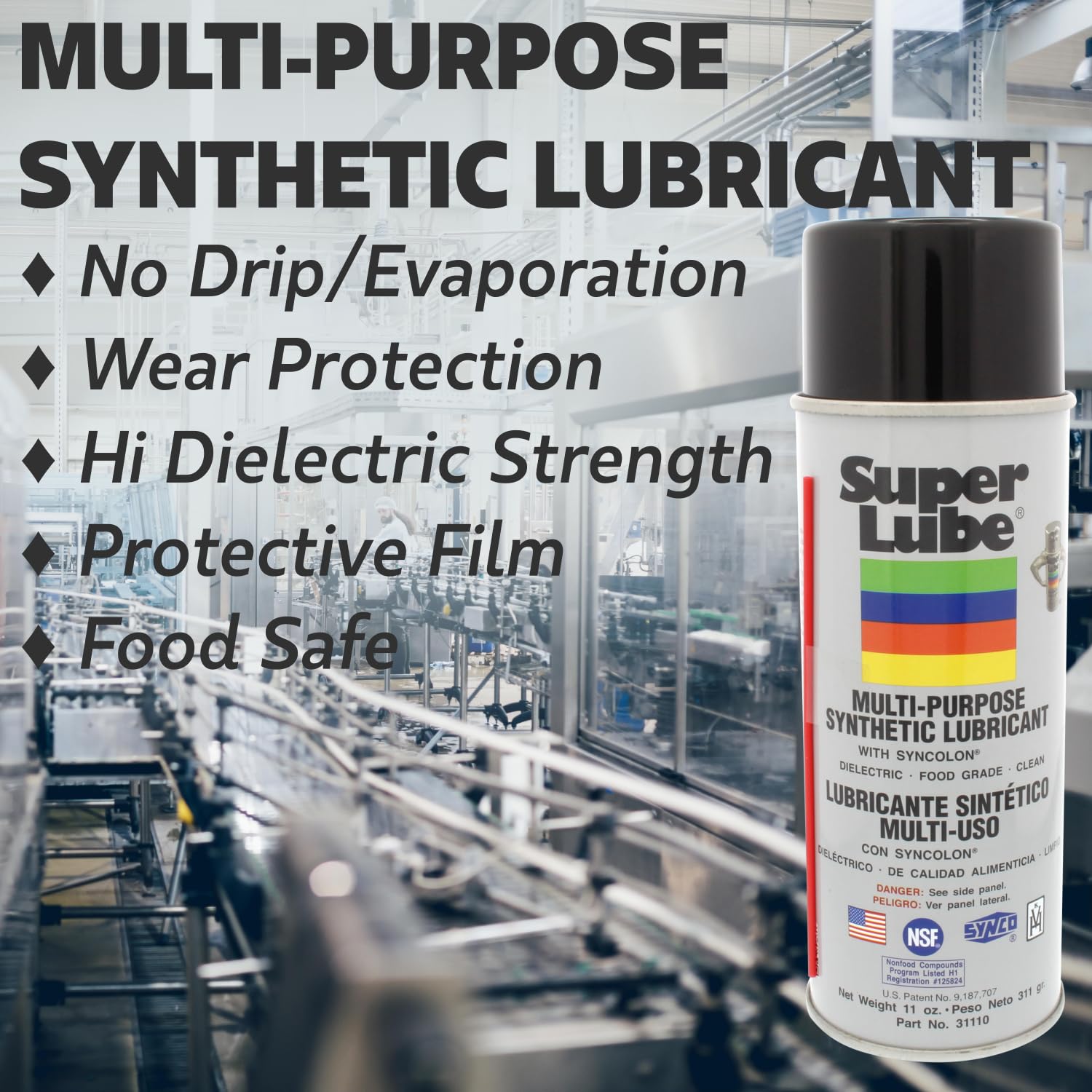 Super Lube Multi-Purpose Synthetic Lubricant with Syncolon® (Translucent, 6oz Aerosol) | NSF Certified Food Grade & Clean | No Drip, Run, or Evaporation | Ideal for Kitchen Equipment, Automotive Parts & Industrial Machinery