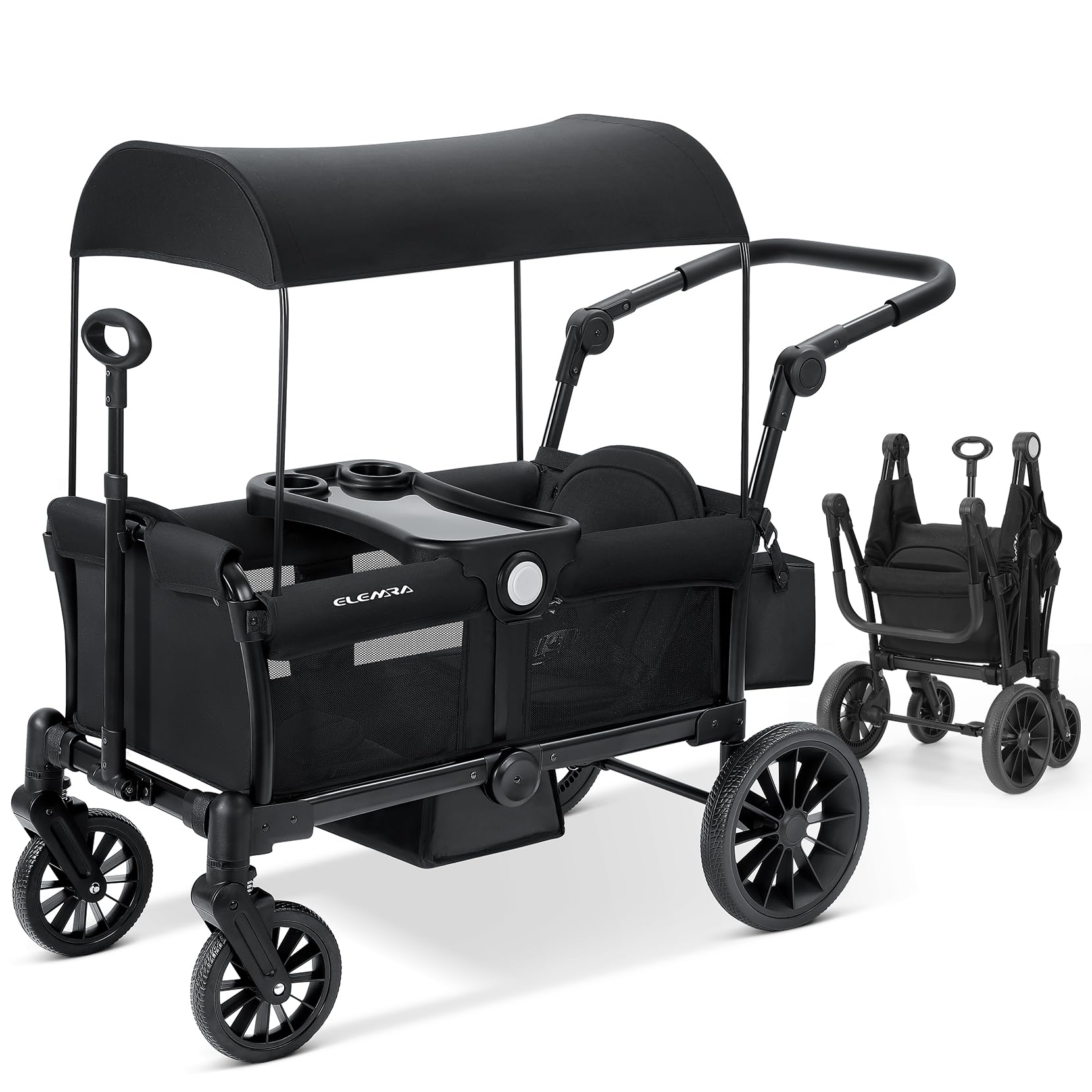 **ELEMARA 2-in-1 Foldable Stroller Wagon for Kids - All-Terrain Push & Pull Wagon with Removable Canopy, Adjustable Handle, Safety Harnesses & Large Storage Bag - Perfect for Beach, Park & Outdoor Adventures (Black)**