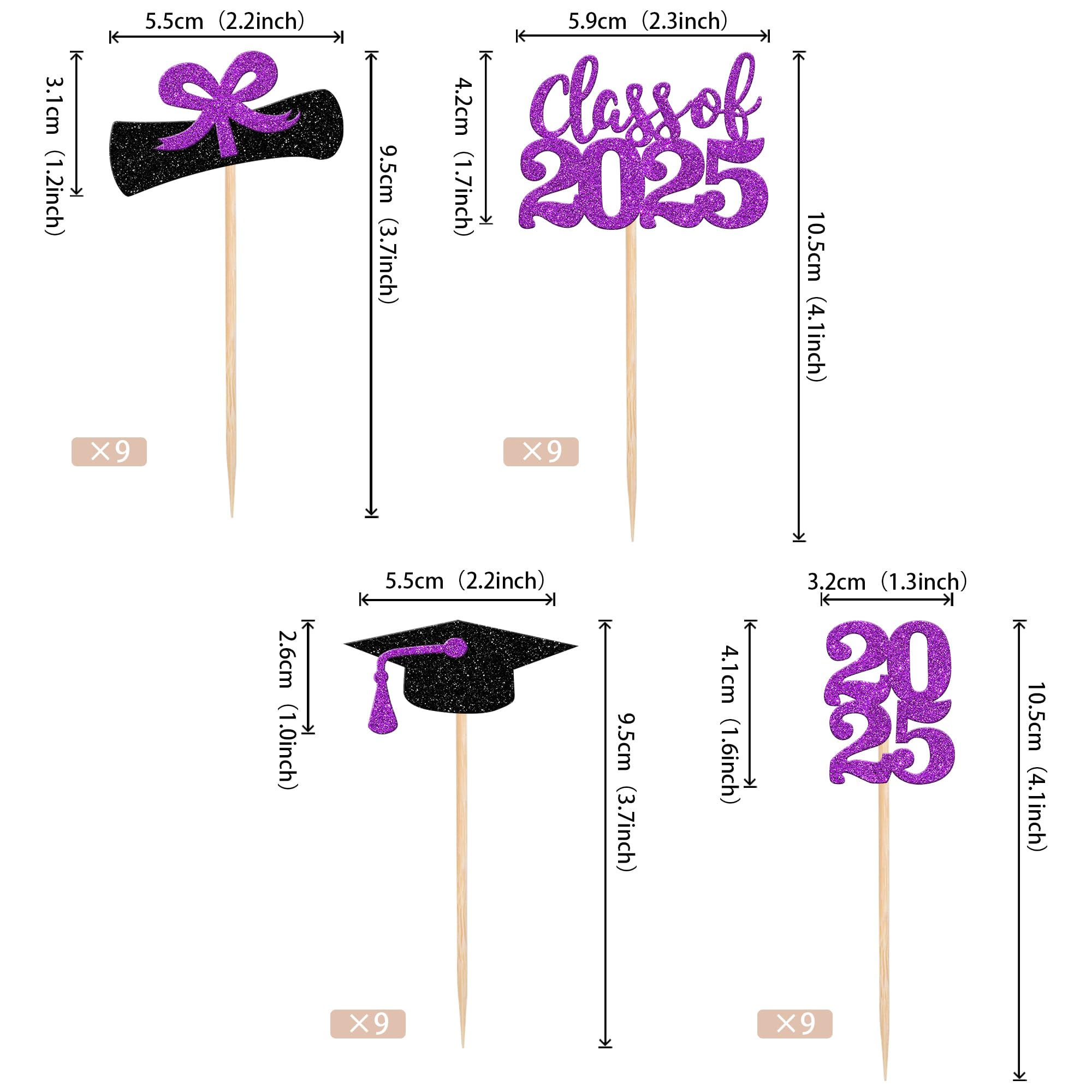 36 PCS 2025 Graduation Cupcake Toppers - Glitter Class of 2025 Diploma & Cap Cake Decorations - Purple Graduation Party Supplies for Graduation Cakes, Cupcakes & Desserts
