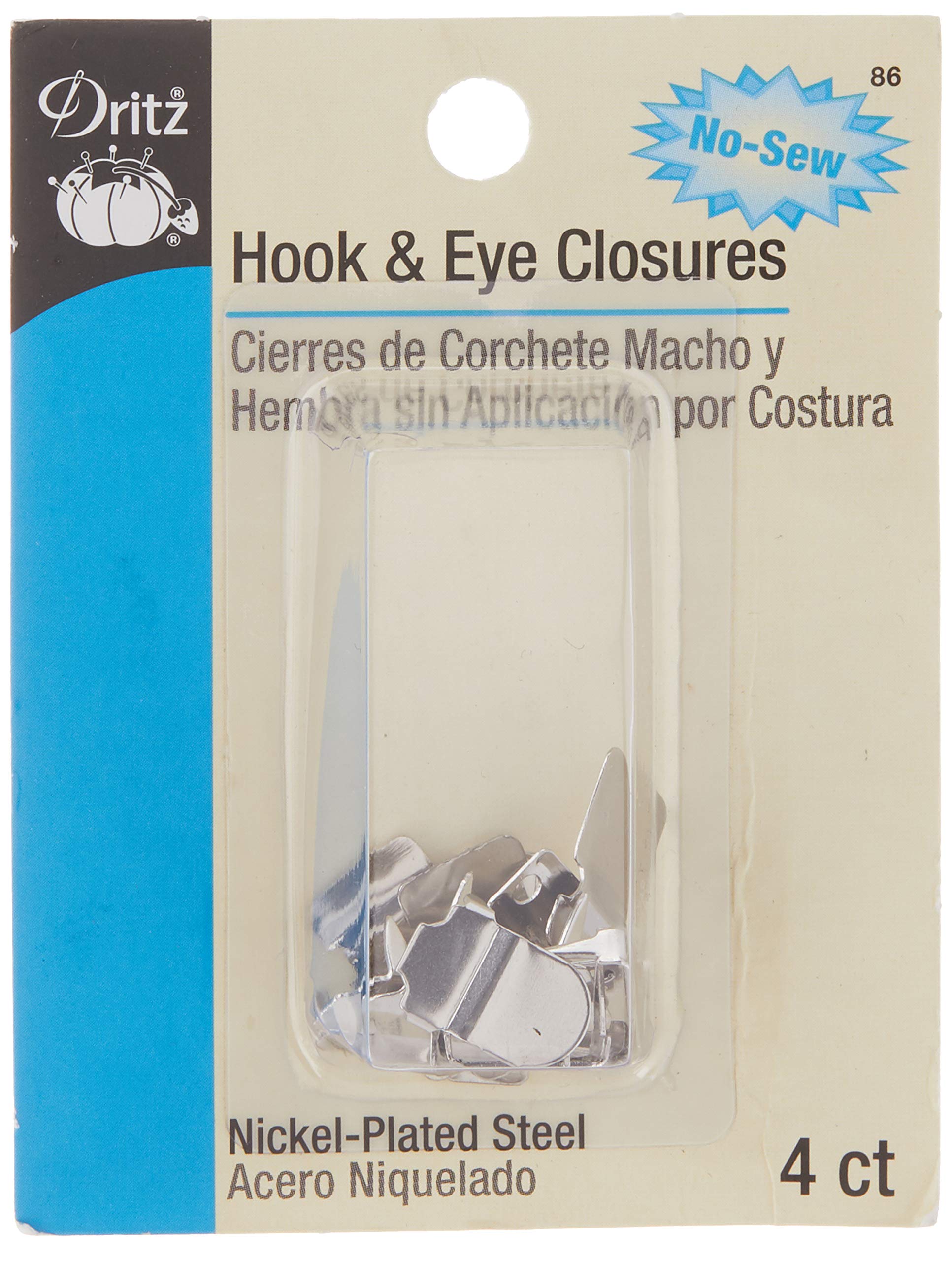 Dritz No-Sew Hook & Eye Closures - 4 Sets Nickel Plated Fasteners for Dresses, Bras & Clothing Repair | Secure & Easy DIY Garment Fixing Solution