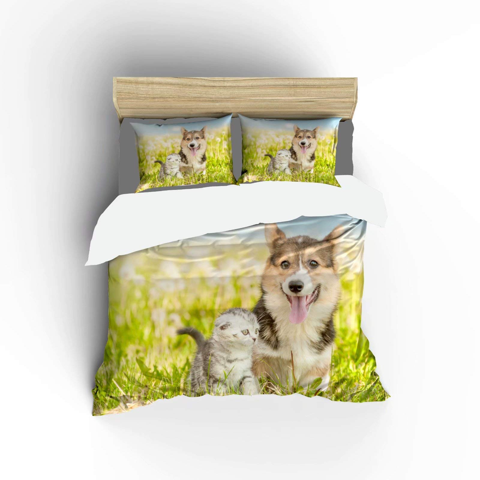 Ultra Soft Microfiber Welsh Corgi Puppy & Tiny Kitten 3-Piece Bedding Set - King Size Duvet Cover + 2 Pillow Shams | Lightweight Quilt Cover for Men & Women | Perfect for Cozy Bedroom Decor & Pet Lover Gifts