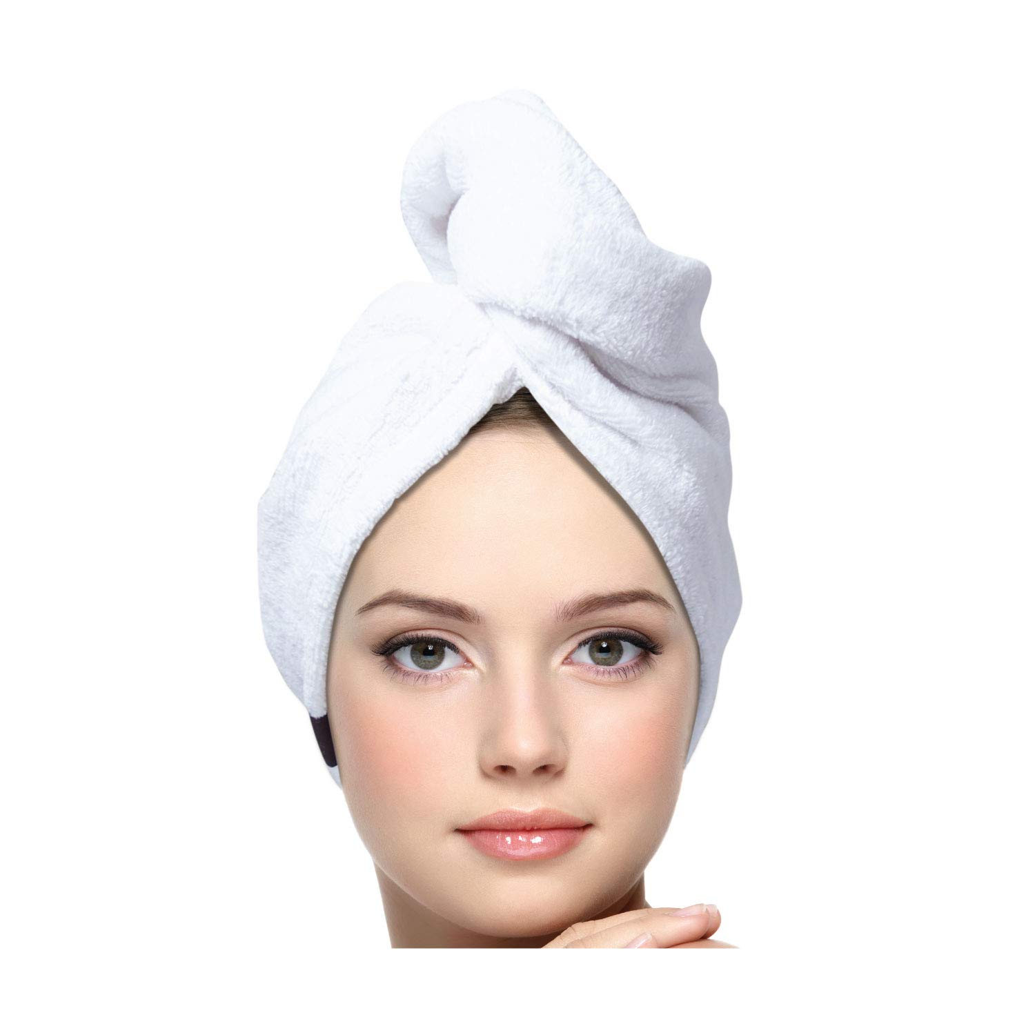 KEEPOZ 100% Cotton Hair Towel Wrap for Women - Quick Dry, Super Absorbent Hair Turban with Button - Anti Frizz Hair Cap for Curly, Long & Thick Hair - Soft & Gentle (White, 1 Piece) - Perfect for Shower, Spa & Post-Workout Hair Care