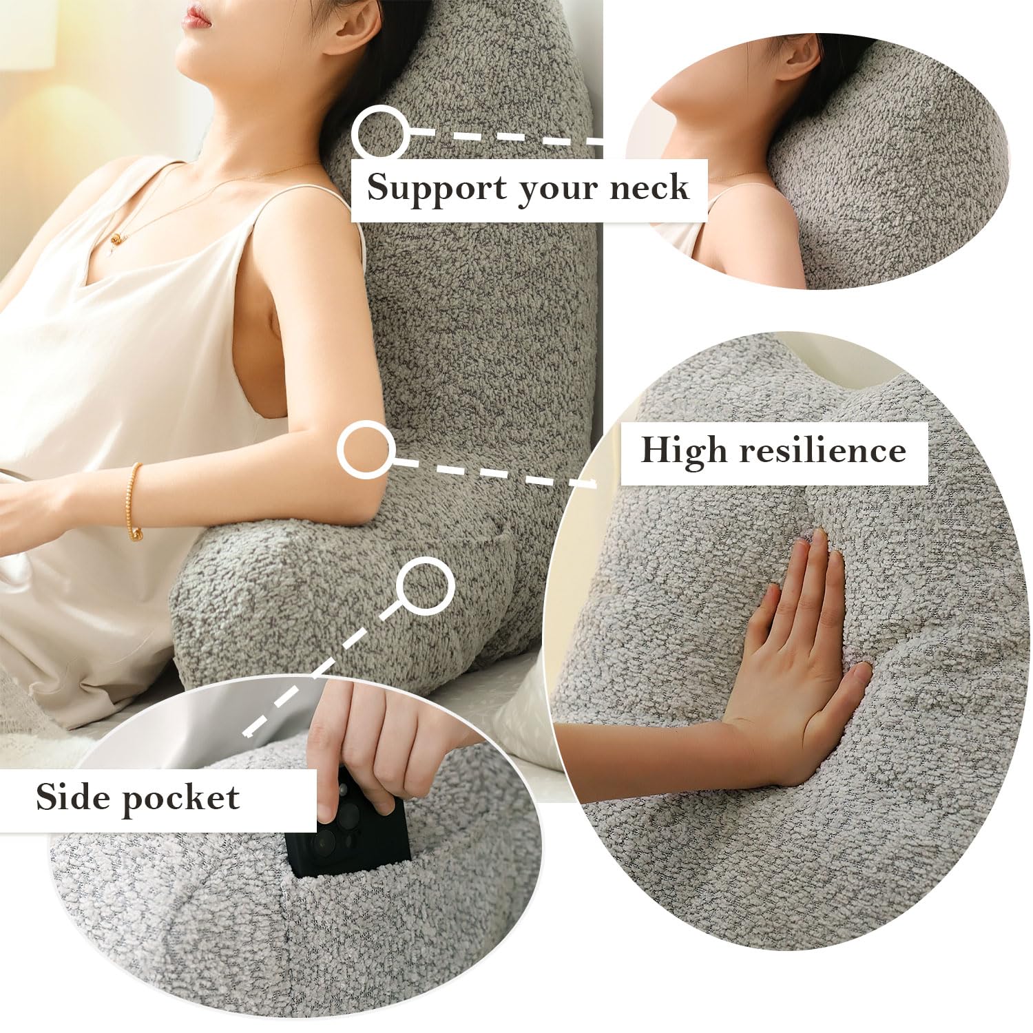 Large Cat Ear Reading Pillow with Arms - Bed Rest for Adults (Silver Grey) - Perfect for Reading & Relaxing in Bed