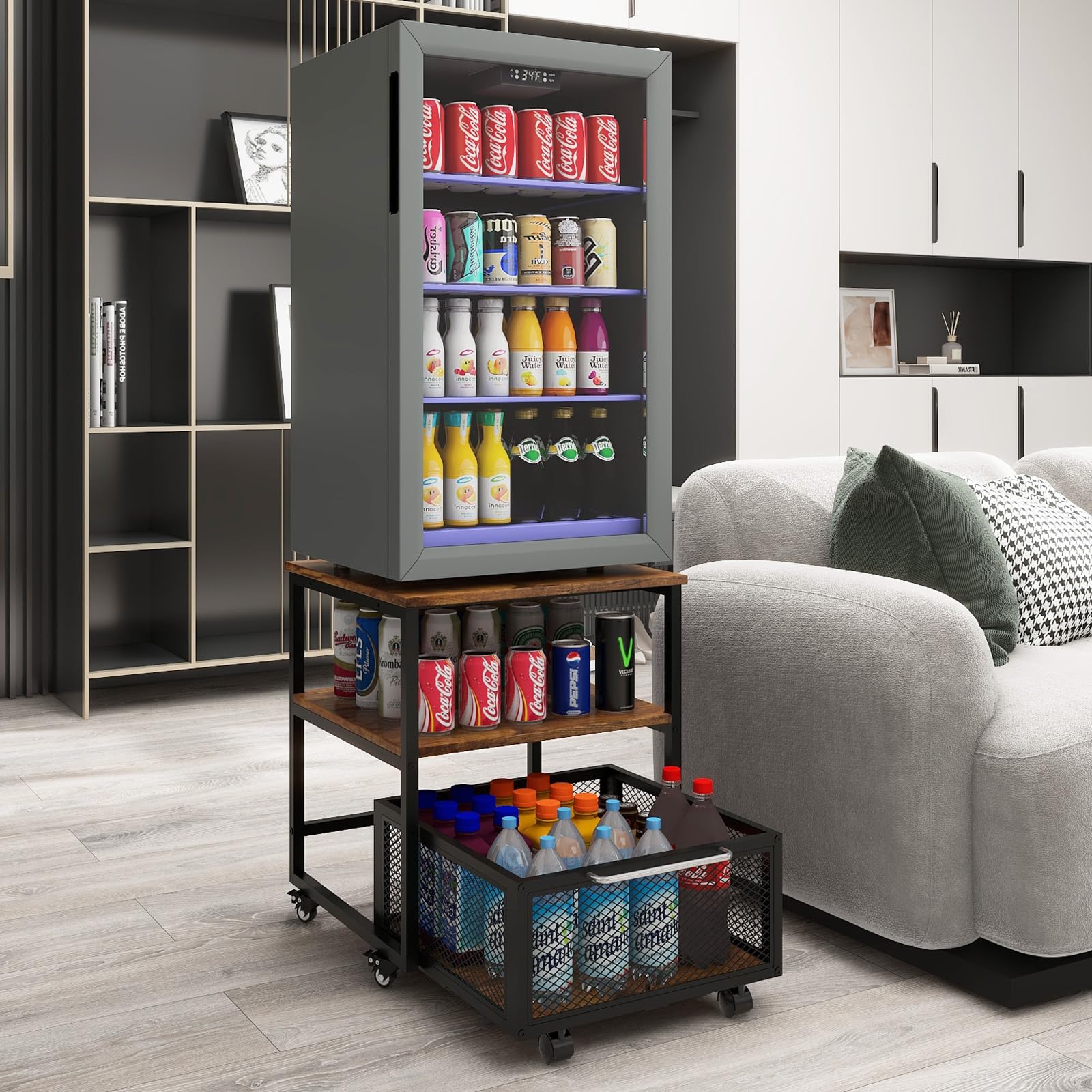 PUNCIA 19.7x19.7 Inch Heavy Duty Mini Fridge Stand with Storage & 4 Lockable Wheels - Compact Beverage Refrigerator Table for Coffee Bar, Office, Home, Bedroom & Dorm - Perfect for Small Spaces & Drink Storage Organization