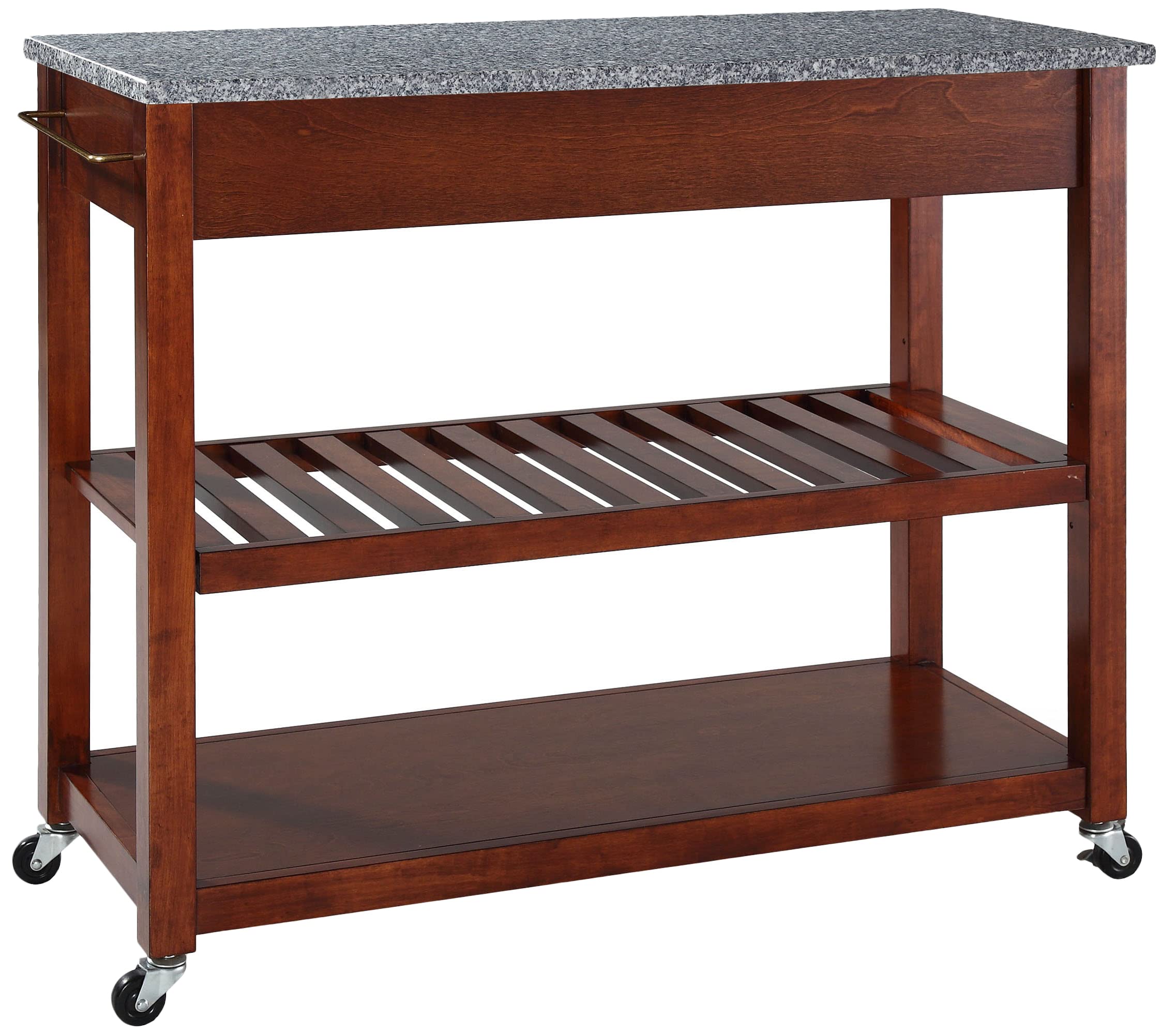 Crosley Granite Top Kitchen Island Cart with Shelves - Microwave Stand, Coffee Bar Station, Cherry Finish - Perfect for Small Spaces, Apartments & Home Kitchen Prep