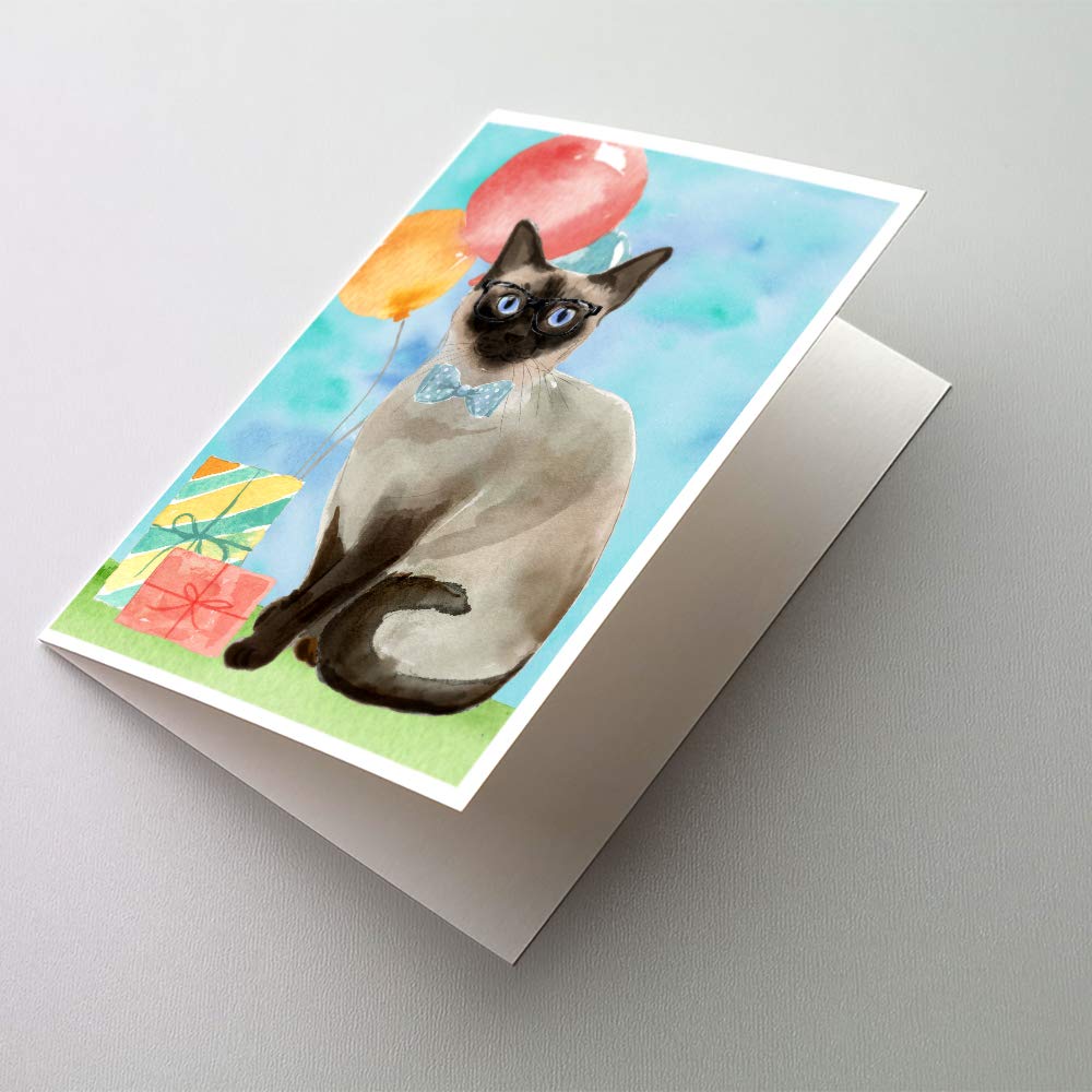 Siamese Cat Happy Birthday Greeting Cards - Pack of 8 Blank A7 Note Cards (5x7 inches) with Envelopes - Whimsical Feline Themed Stationery for Birthday Wishes, Thank You Notes & Special Occasions