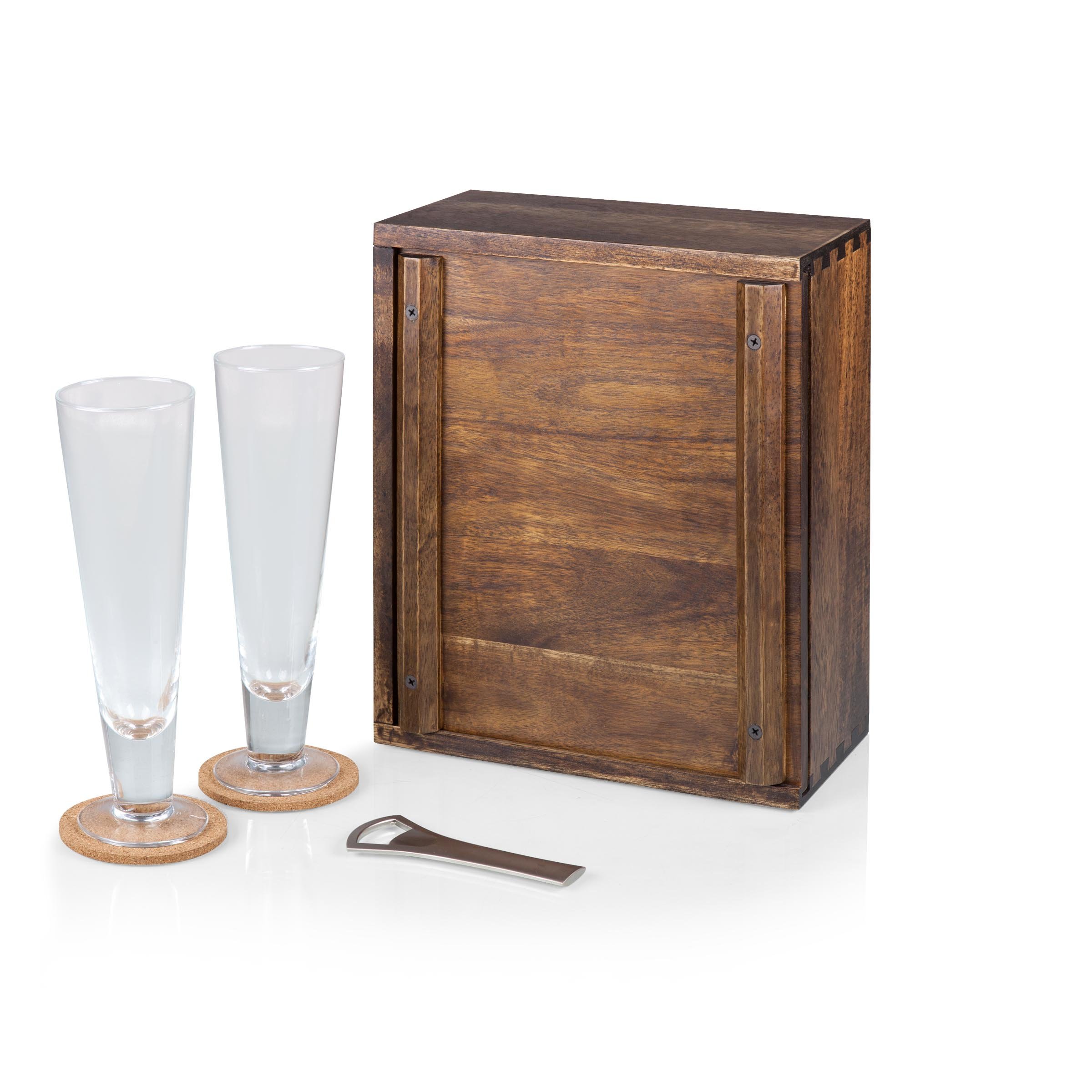 PICNIC TIME - Acacia Wood Pilsner Craft Beer Set with 2 Premium Beer Glasses - Perfect Gift for Beer Enthusiasts - Ideal for Outdoor BBQs, Parties & Home Bar Decor