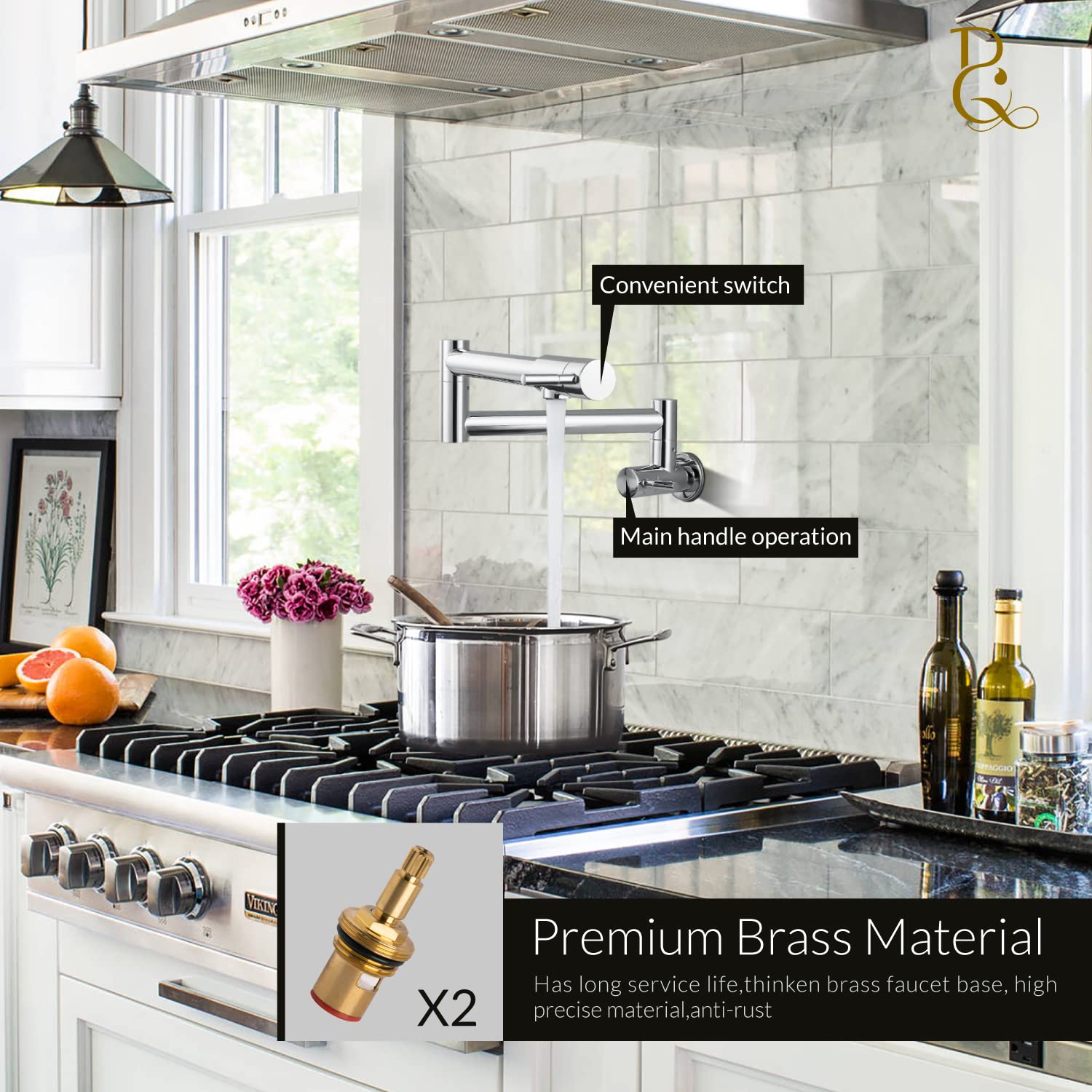 Brassqueen Commercial Stainless Steel Wall Mount Pot Filler Faucet - NPT Connection, Stretchable Swing Arm, Polish Chrome Finish, Single Hole Installation with Dual Handles | Perfect for Restaurant Kitchens & Home Cooking Stations