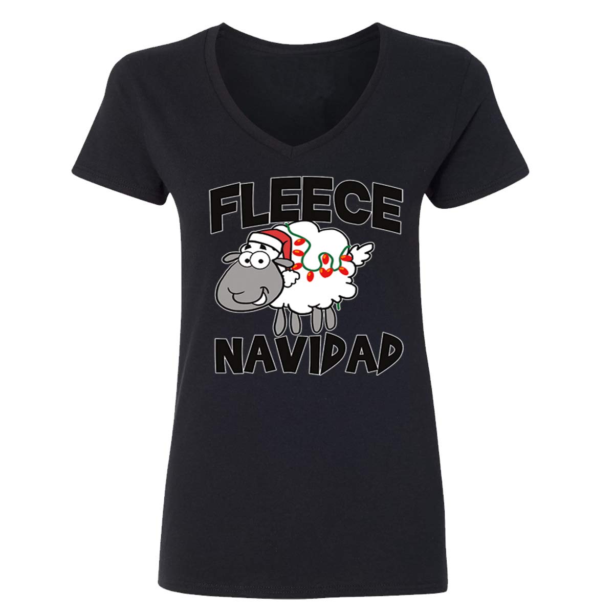 GOOD SHOPPERS ACTIVEWEAR Women's Christmas Fleece V-Neck T-Shirt with Cute Navidad Sheep Design - Cozy Holiday Outfit for Parties & Gifts