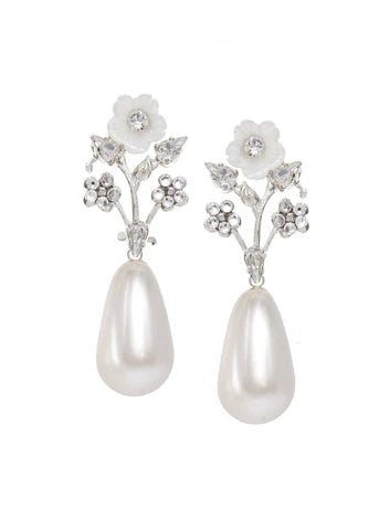 Elizabeth Bower Anemone Crystal & Pearl Drop Earrings - Rhodium Plated Silver Jewelry for Women - Perfect for Weddings, Parties & Special Occasions