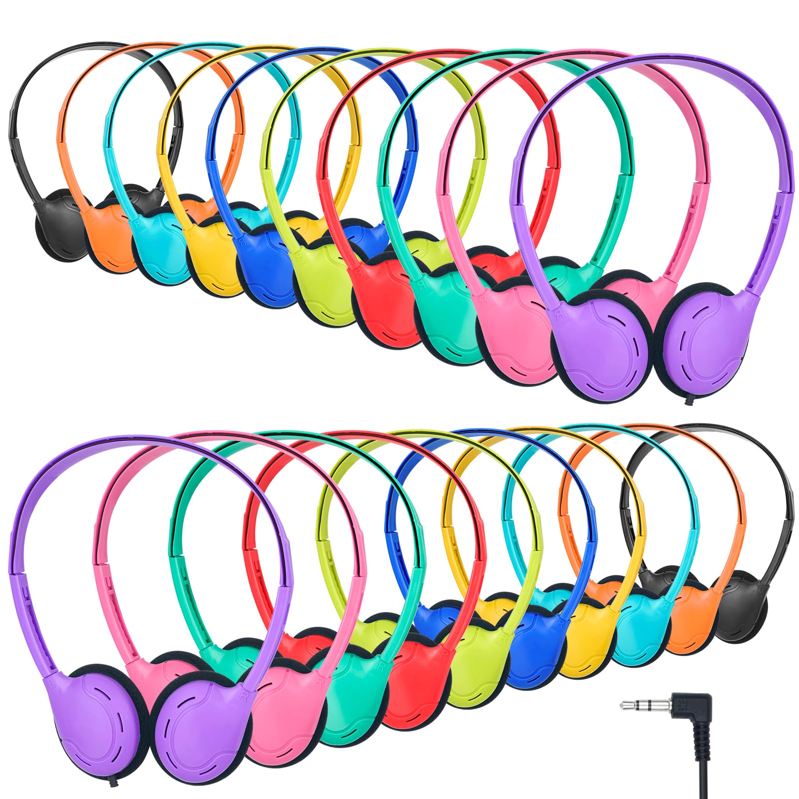 20 Pack Bulk Classroom Headphones for Kids - Adjustable On-Ear Headphones with 3.5mm Jack for School, Library, Online Learning & Home Study (Multi Color) - Perfect for Students, Teachers & Remote Education
